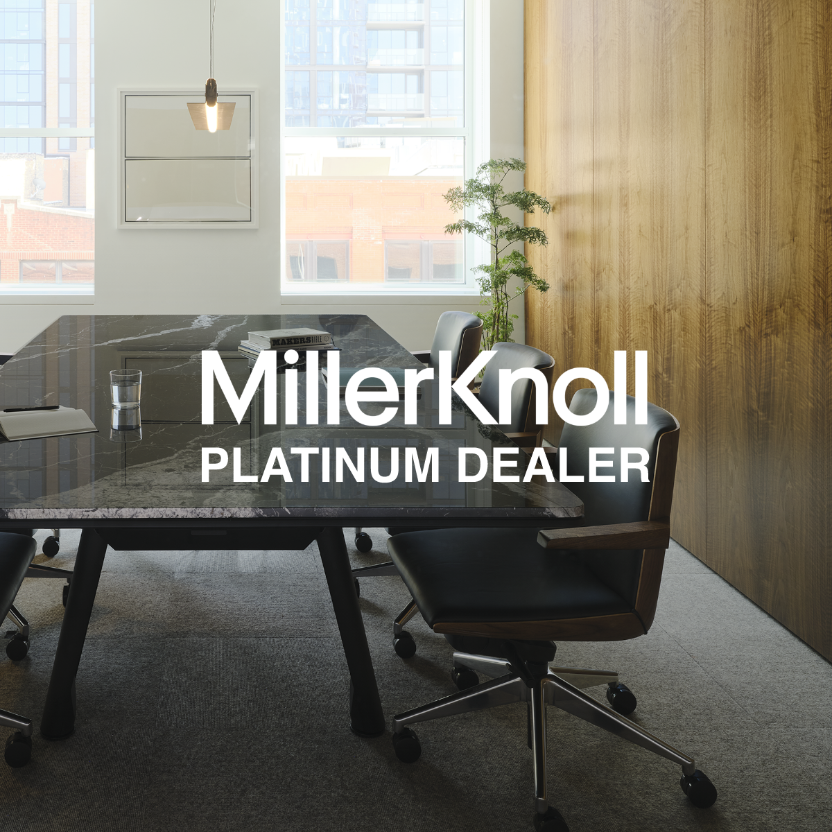 MillerKnoll Platnium Dealer written over an image of a conference room