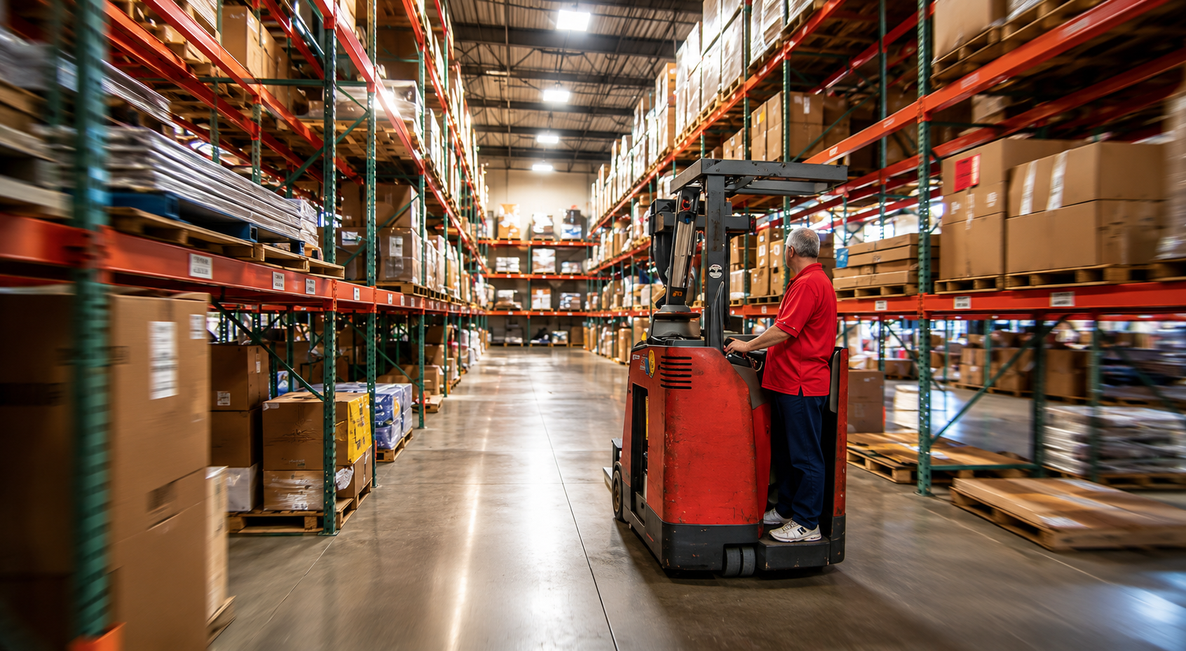 A man operating a forklift in a large warehouse filled with shelves stacked with boxes and packages.