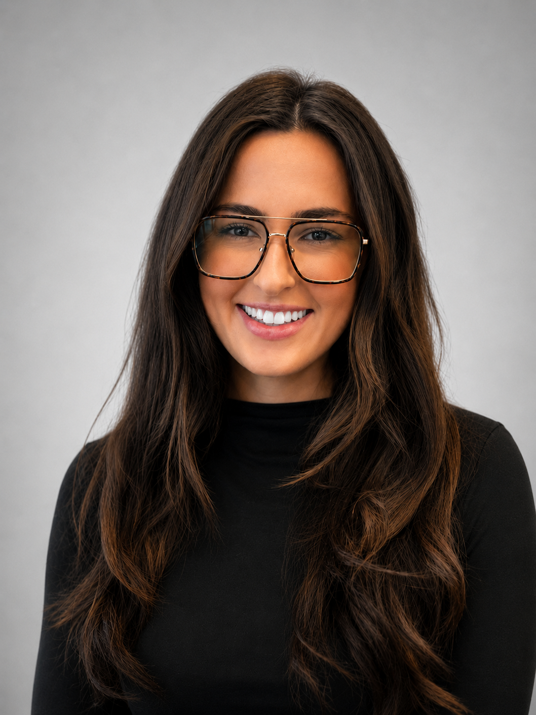 A woman with long wavy brown hair and glasses smiling at the camera against a plain gray background.