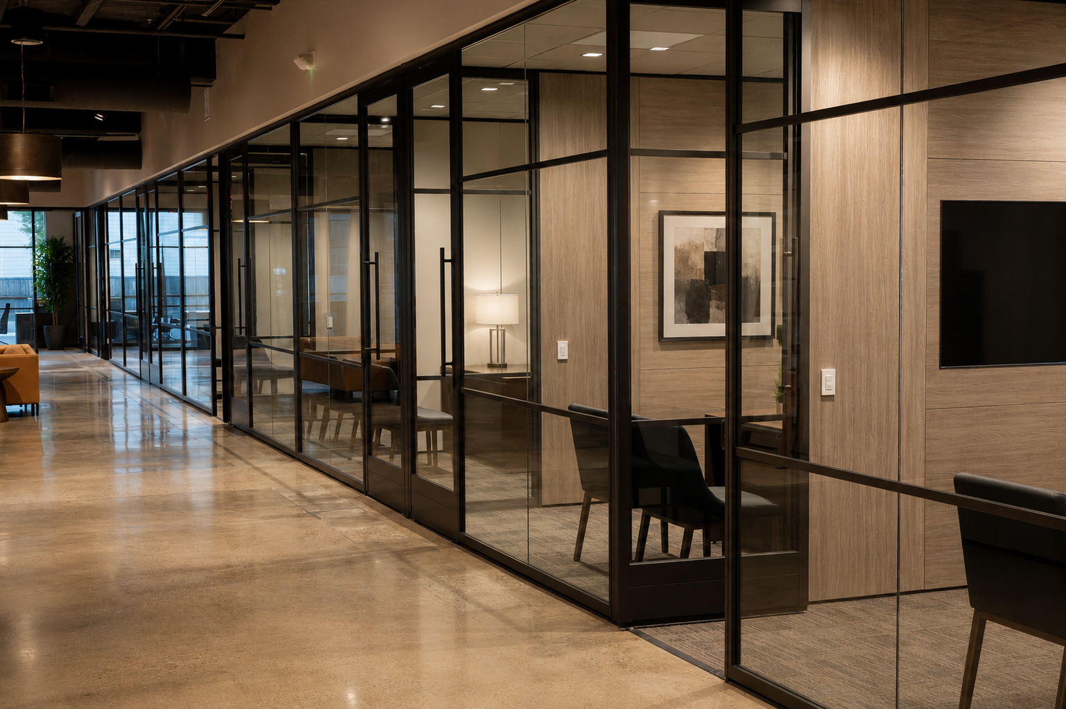 Modern office interior with glass-walled conference rooms, wooden panel walls, and seating areas with chairs and tables.