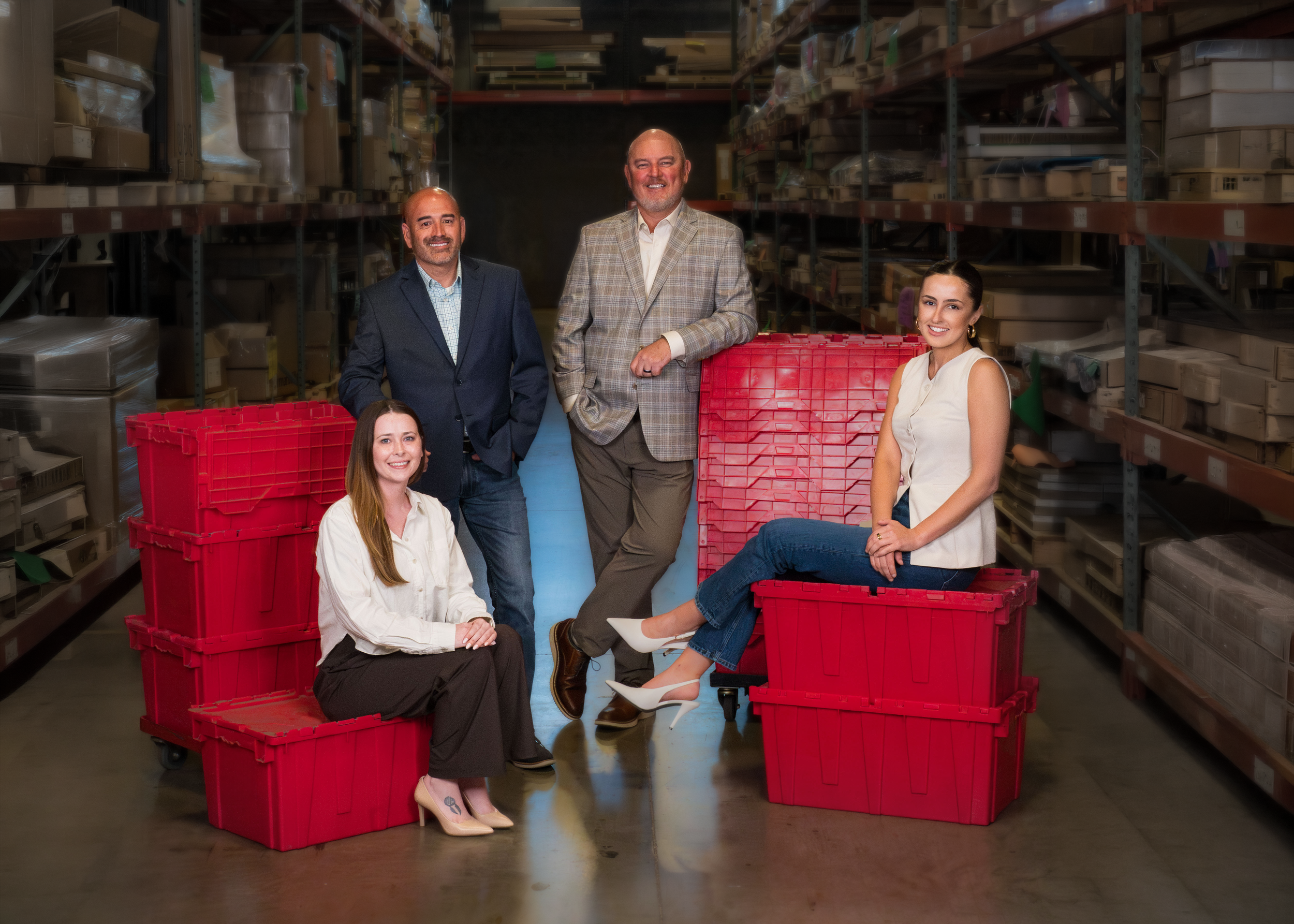 Group of five diverse professionals posing together in an industrial warehouse surrounded by shelves filled with boxes and supplies. They appear happy and confident, dressed in business casual to professional attire.