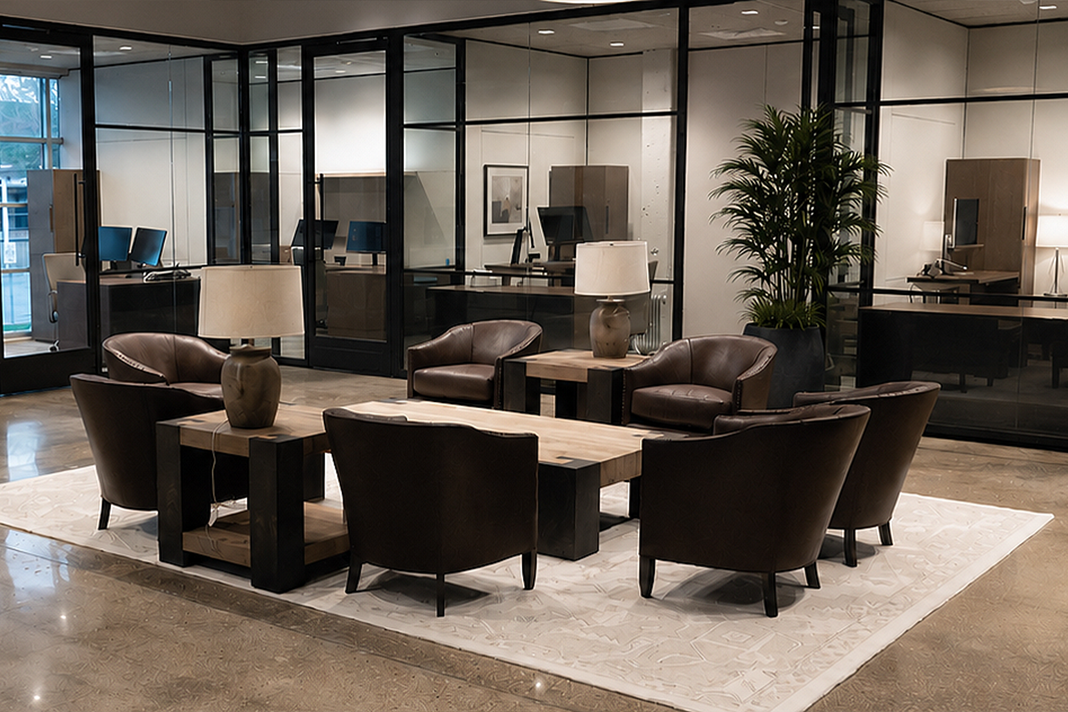 A modern office lounge area with a central wooden table surrounded by seven dark upholstered chairs, a large potted plant, and two matching table lamps on small side tables, with glass-enclosed cubicles in the background.