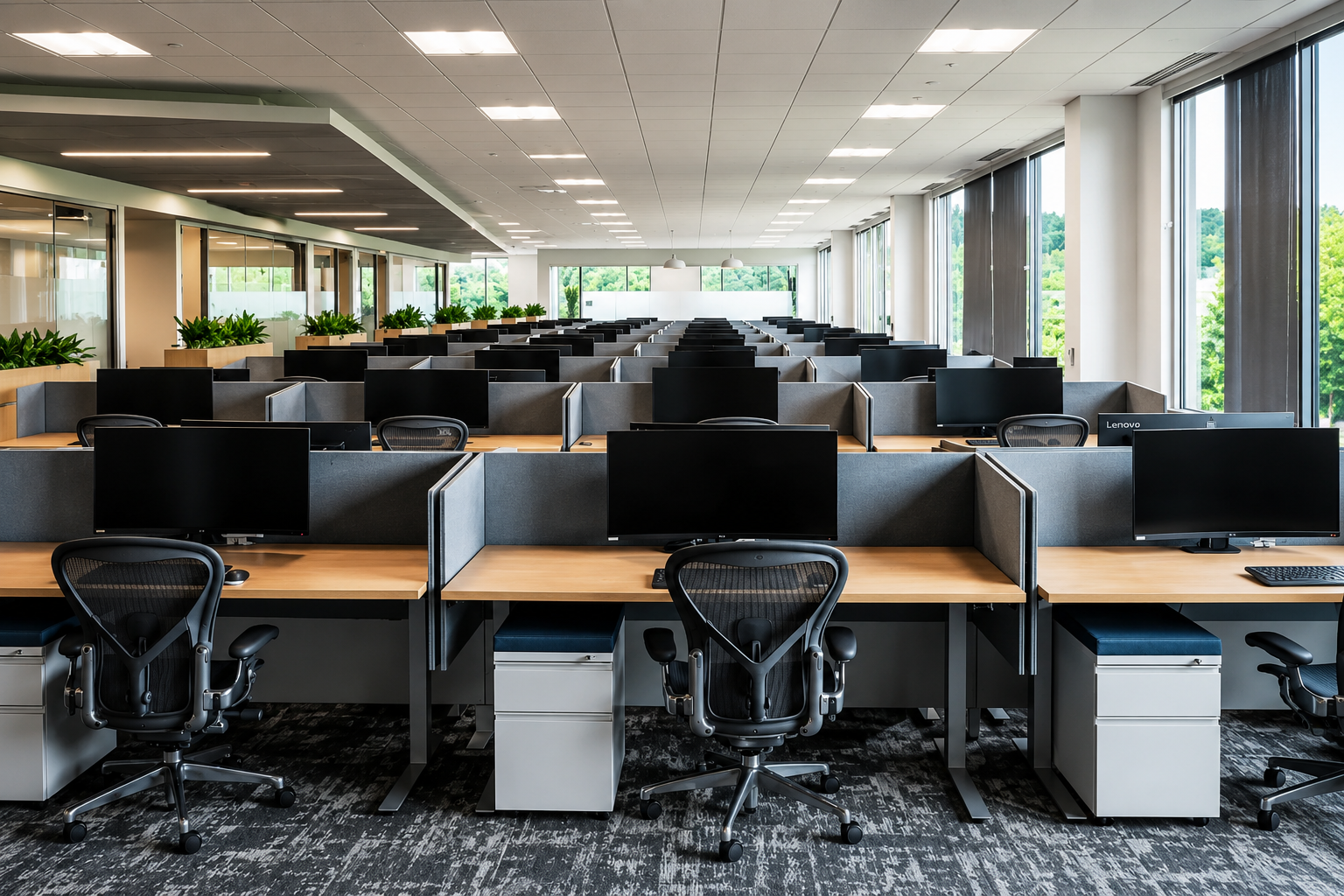 Empty modern office with multiple cubicles, black office chairs, and desktop computers with monitors, large windows with greenery outside, overhead lighting, and a patterned carpet.