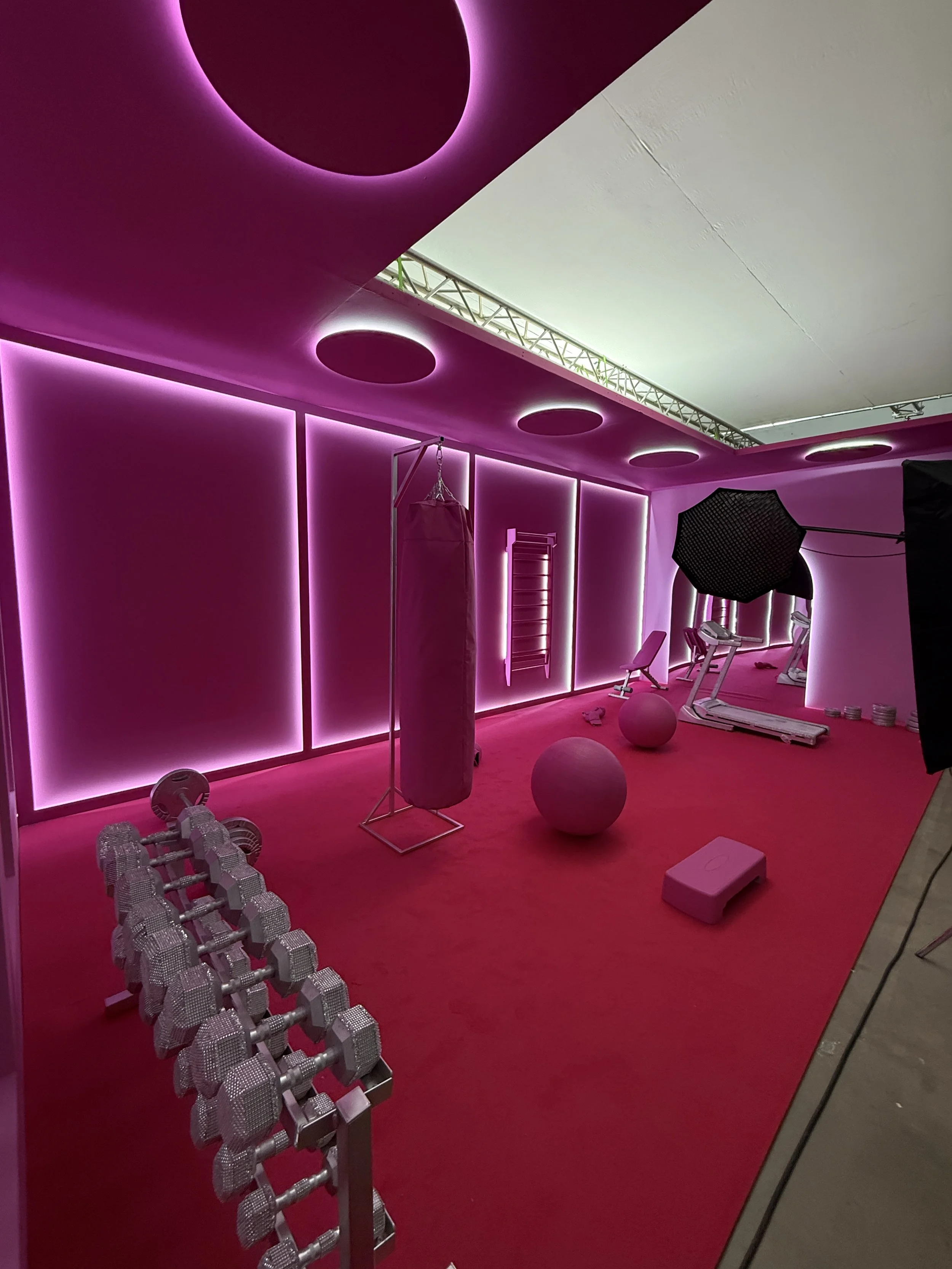 A brightly lit workout room with pink lighting, exercise equipment including dumbbells, balls, treadmills, boxing bag, and a pink workout mat on the floor.