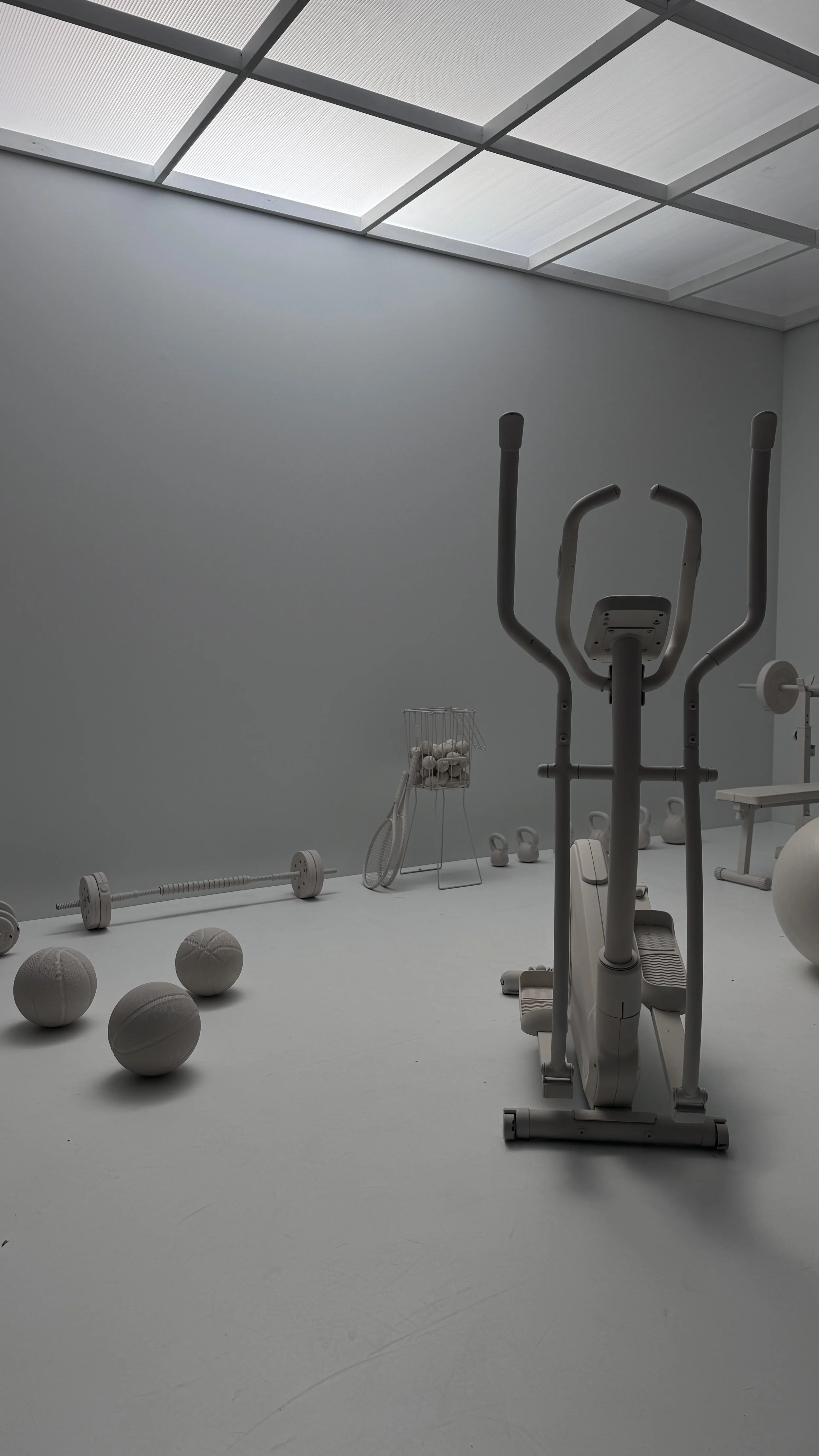A minimalist fitness room with an elliptical trainer, white medicine balls scattered on the floor, soccer balls, a basket of small balls, and a barbell, all in a space with white walls and a top skylight.