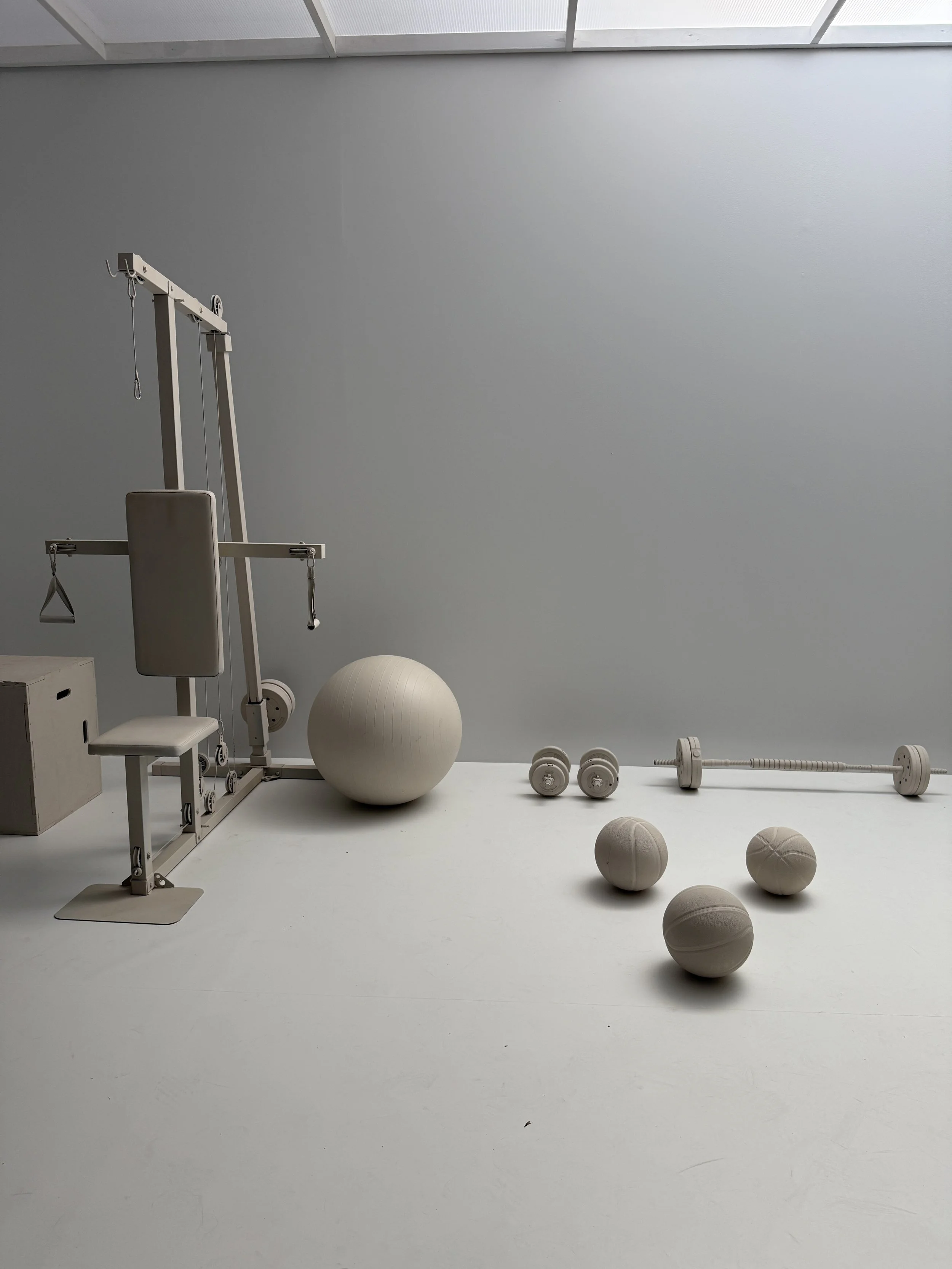 Faded gym equipment including a weight machine, a large exercise ball, a barbell with weights, and several smaller exercise balls on a white floor against a light grey wall.
