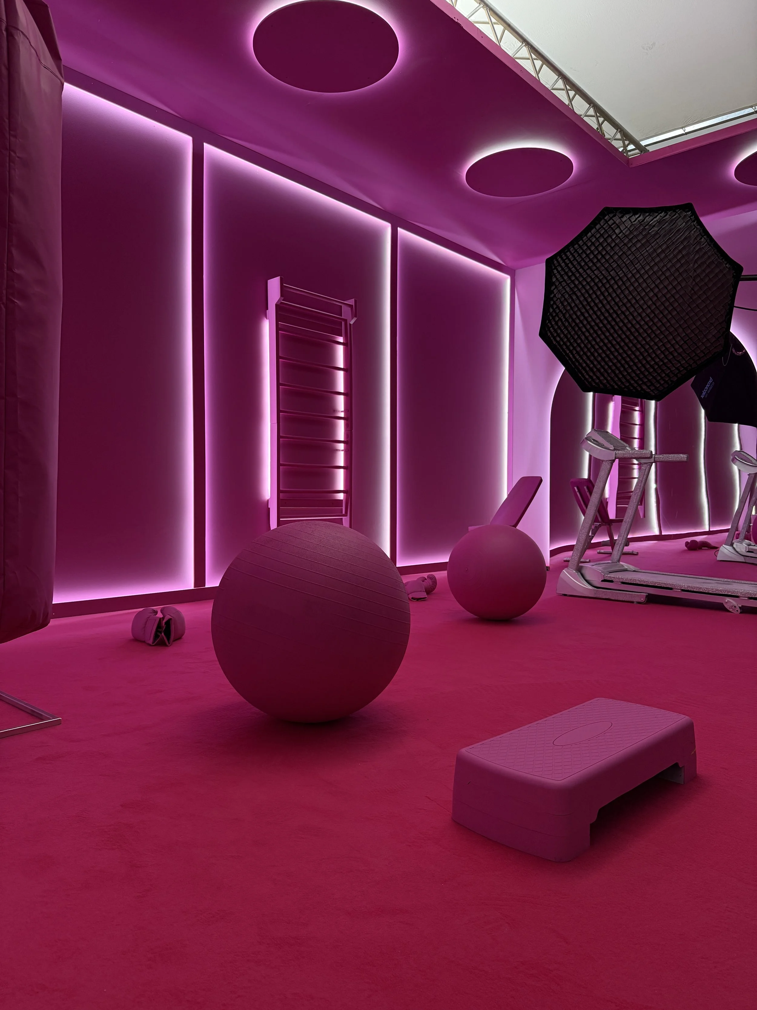 A fitness training room with pink lighting, featuring exercise balls, a step platform, a treadmill, and resistance equipment.