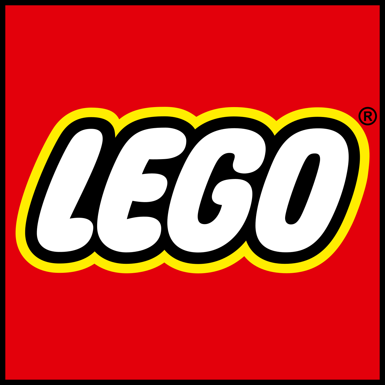 LEGO logo with white text on a red background, outlined in black and yellow, with a registered trademark symbol.