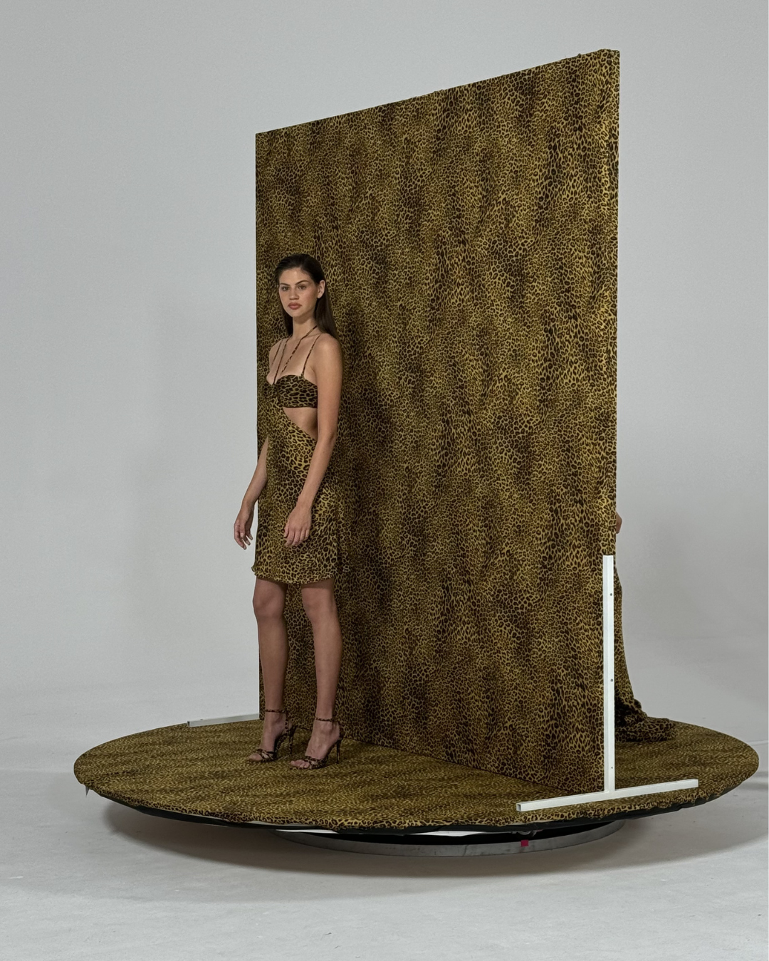 A woman standing on a leopard print circular platform with a leopard print backdrop, wearing a matching leopard print dress and high heels.