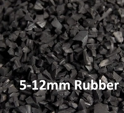 Close-up of small black rubber granules labeled 5-12mm Rubber.