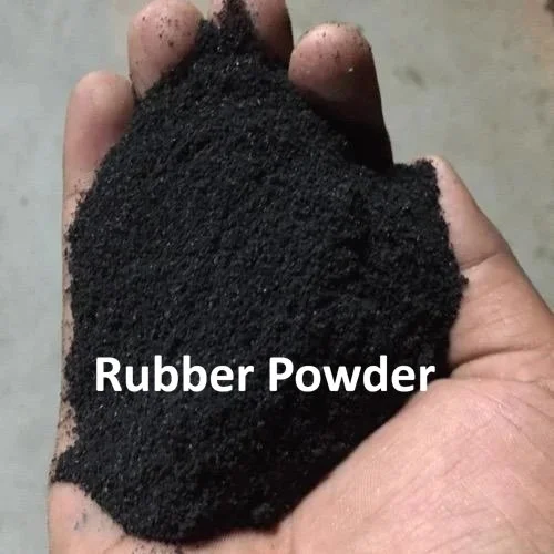 Hand holding black rubber powder with text 'Rubber Powder' over it.