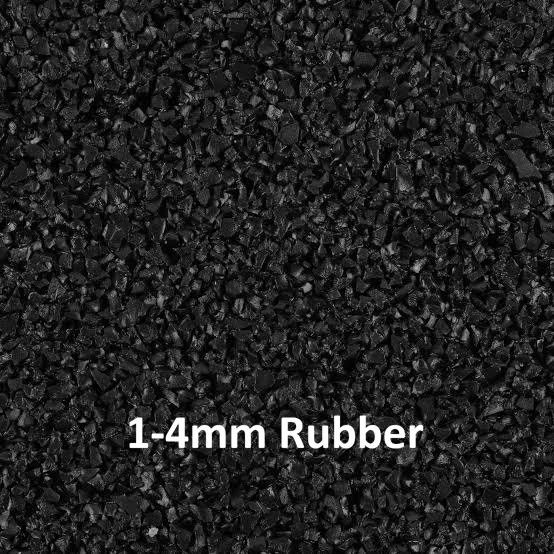 Close-up of black rubber granules labeled as 1-4mm Rubber.