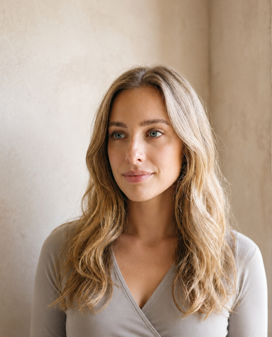 A young woman with wavy blonde hair and blue eyes looking slightly to the side, standing indoors near a beige wall.