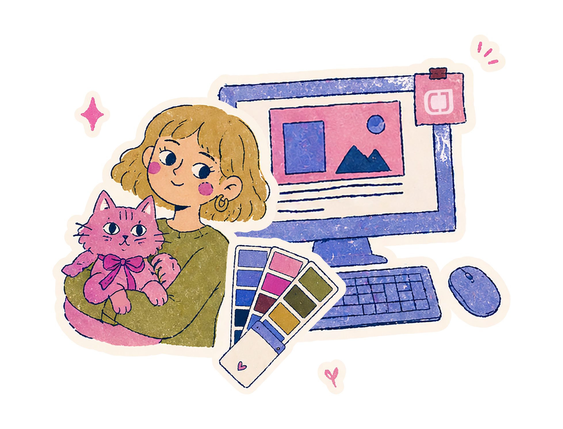 Illustration of a girl with light brown hair holding a pink cat with a pink bow, surrounded by design elements including a computer screen displaying a landscape image, color swatches, and a keyboard.