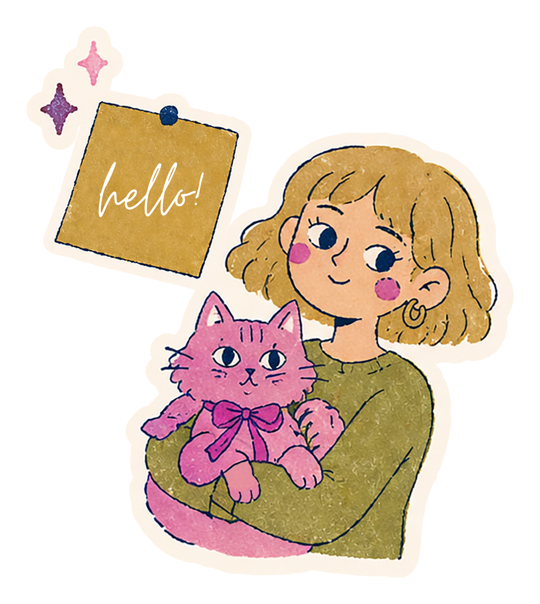 A cartoon illustration of a girl with curly blond hair holding a pink cat with a big pink bow around its neck. There is a yellow sticky note with the word 'hello!' written in cursive, attached with a blue pushpin. Two pink and purple stars are in the background.
