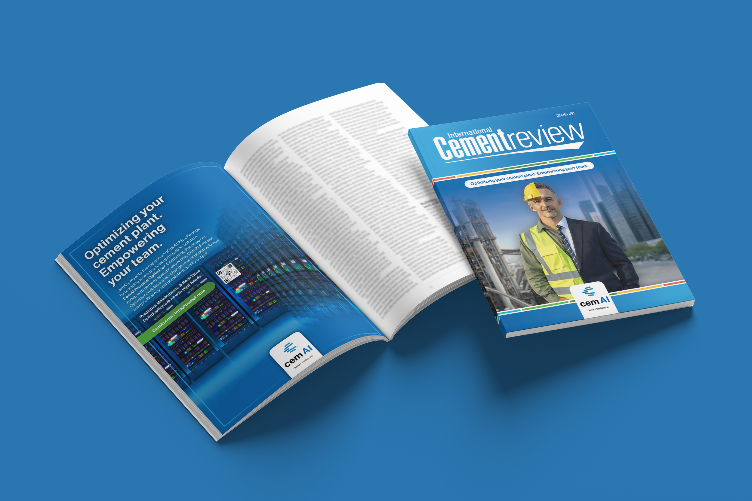 Open magazine titled 'Cement Review' showing a man in a suit and yellow safety helmet at a construction site on the cover, and a two-page spread with an article about cement plant optimization.
