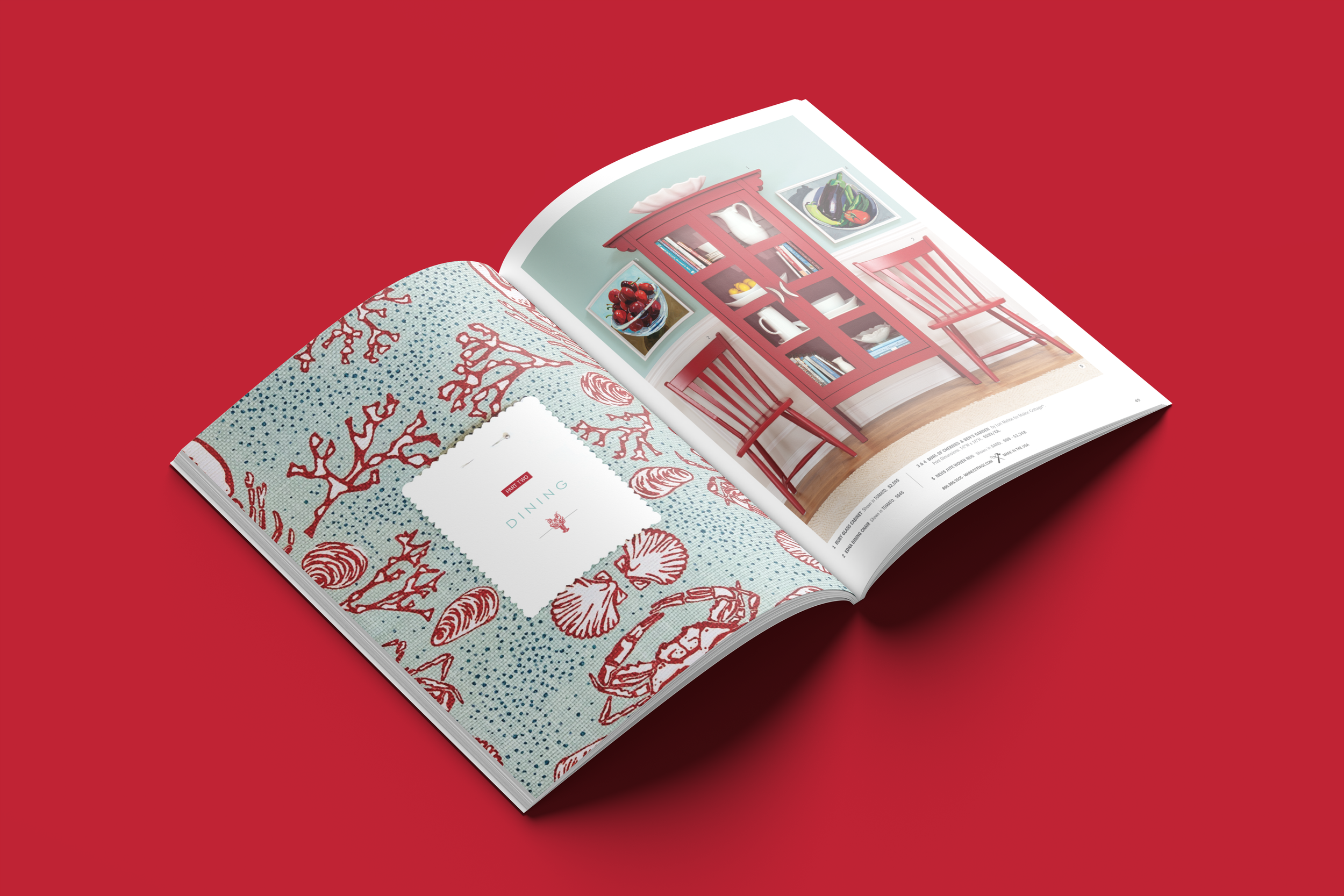 Open magazine showing furniture and home decor items on a vibrant red background.