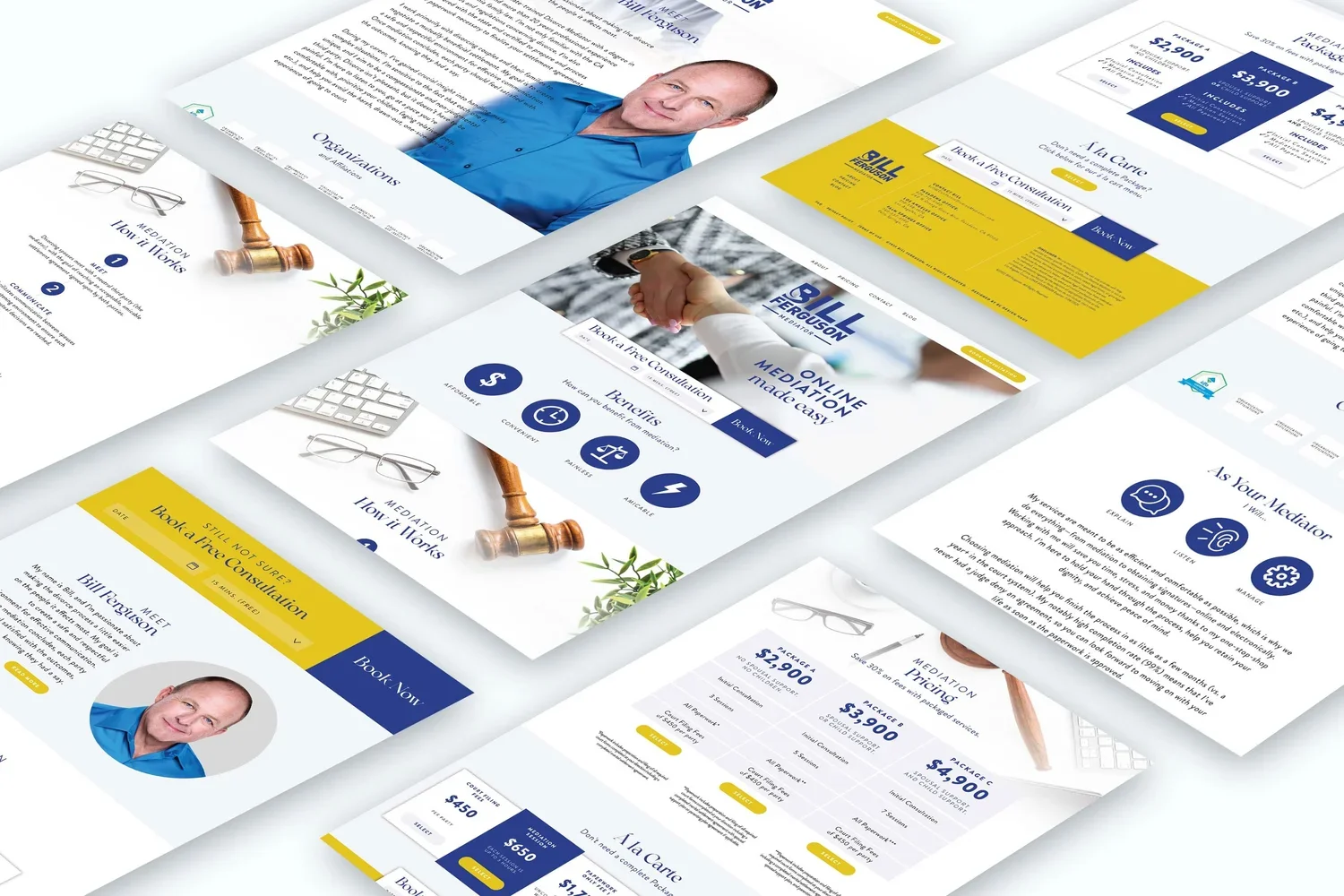 Series of webpage layouts for Bill Ferguson Mediation services, including contact information, pricing, benefits, and booking options, featuring images of a man in a blue shirt, a handshake, and mediation tools like a gavel and glasses.