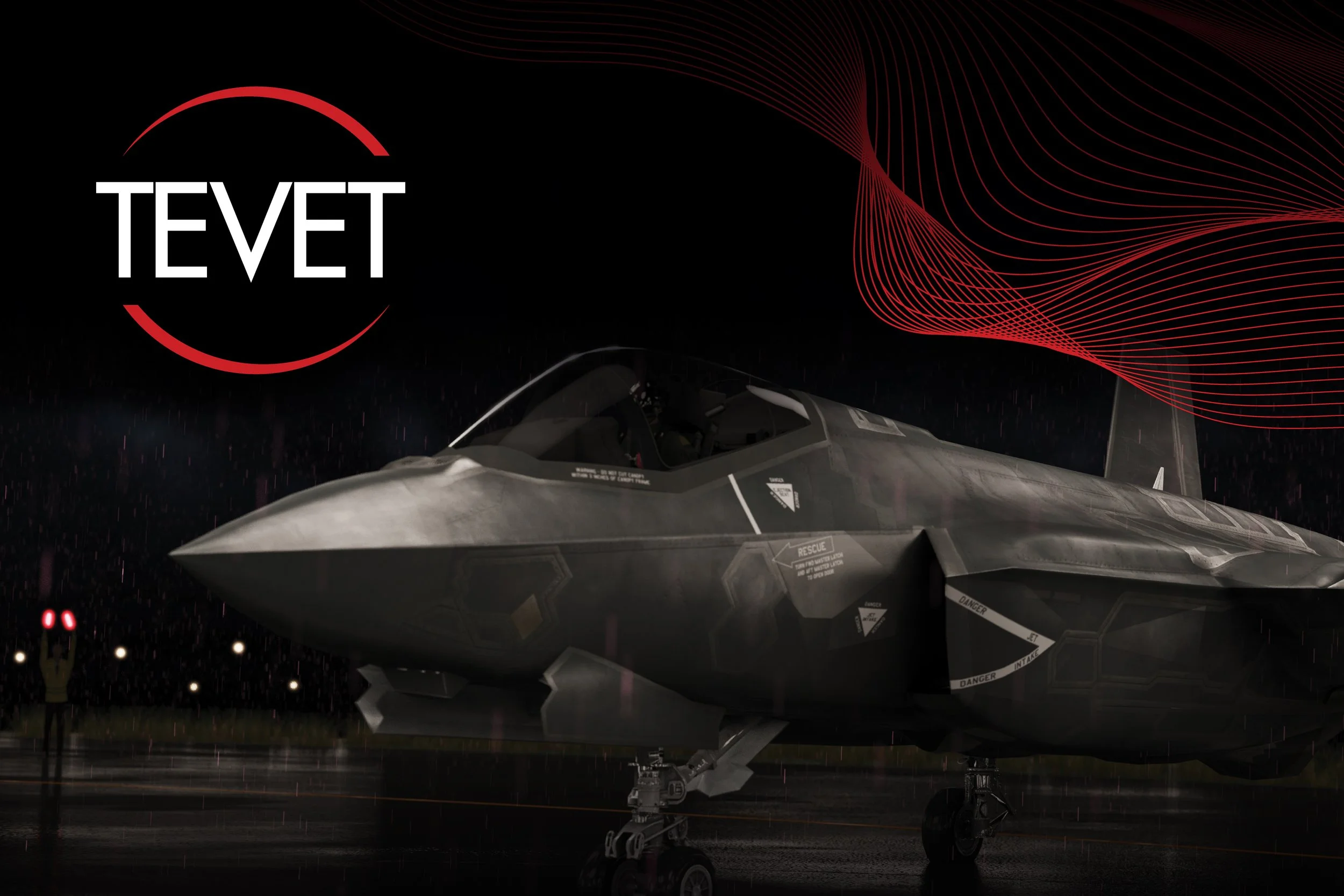 A fighter jet parked on a wet runway at night, with rain visible in the air, illuminated by small lights and red warning lights, with a digital graphic background containing the word 'LEVEL'.