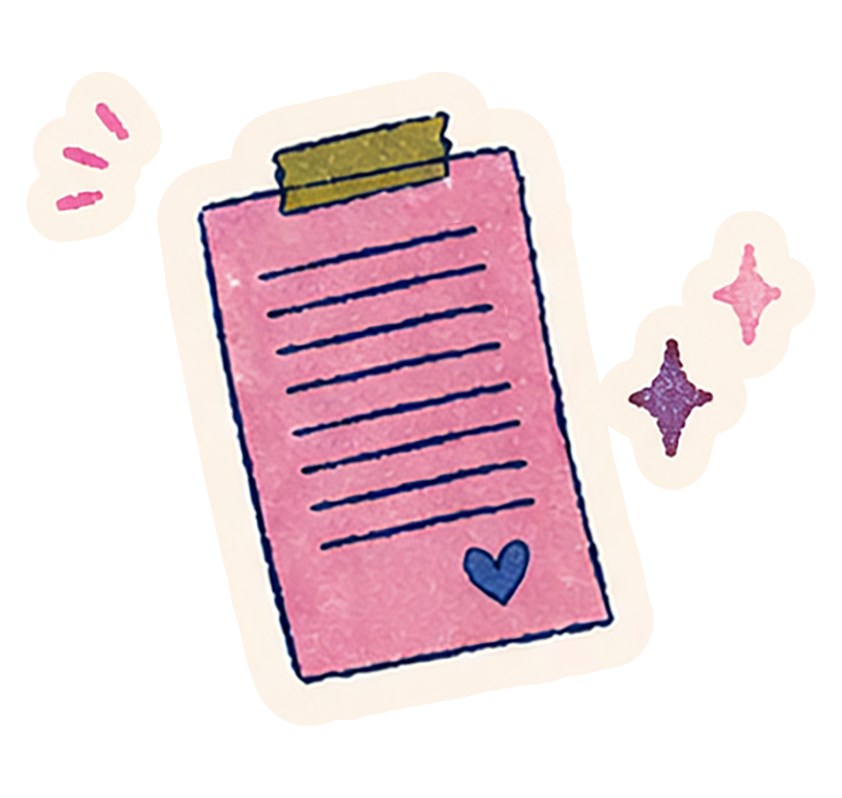 A pink notepad with blue lines and a blue heart at the bottom, taped with yellow tape at the top, with pink and purple stars and sparkles around it.
