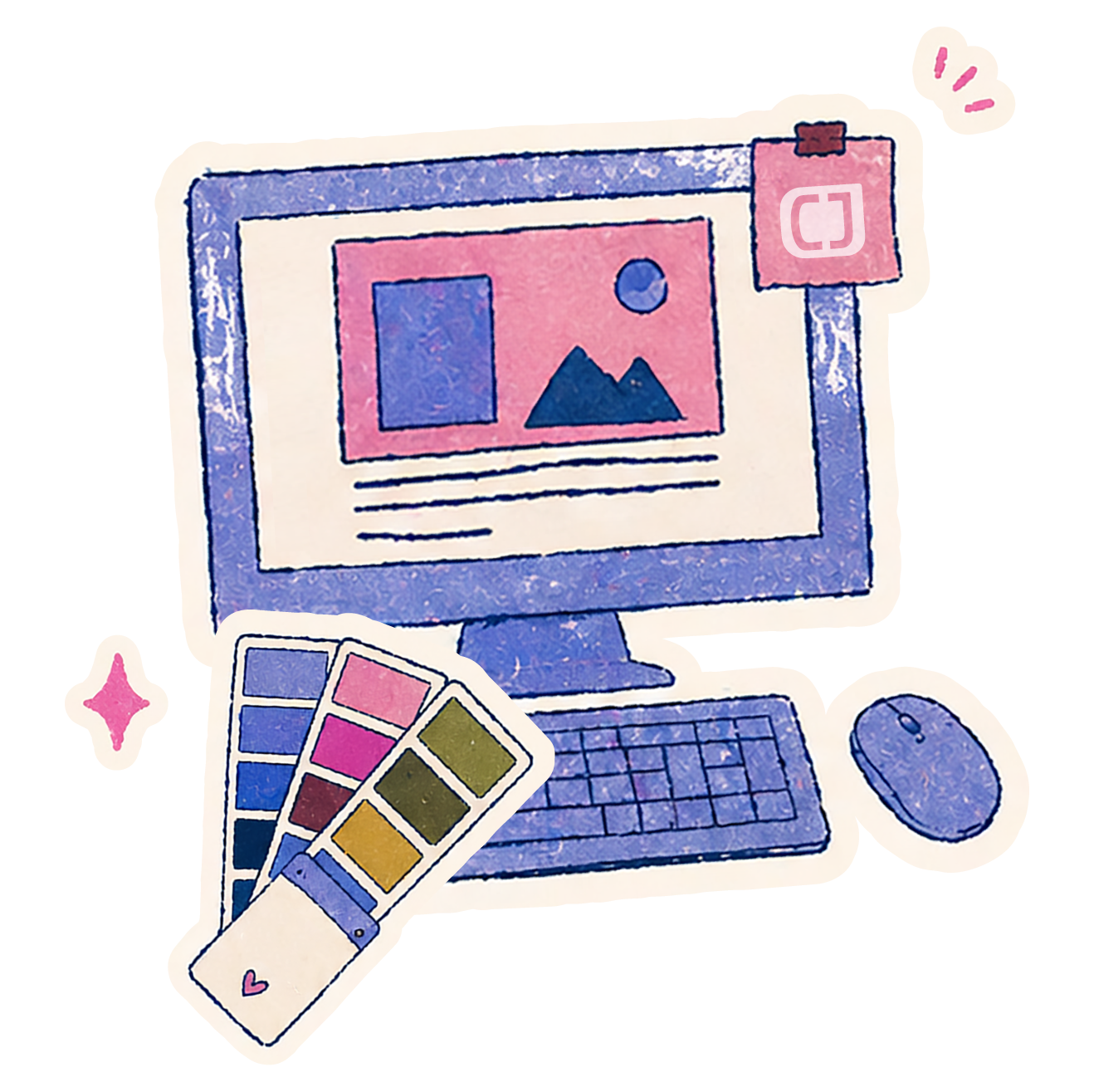 Illustration of a computer monitor, keyboard, and mouse with color swatches and photo editing tools, in a watercolor style.