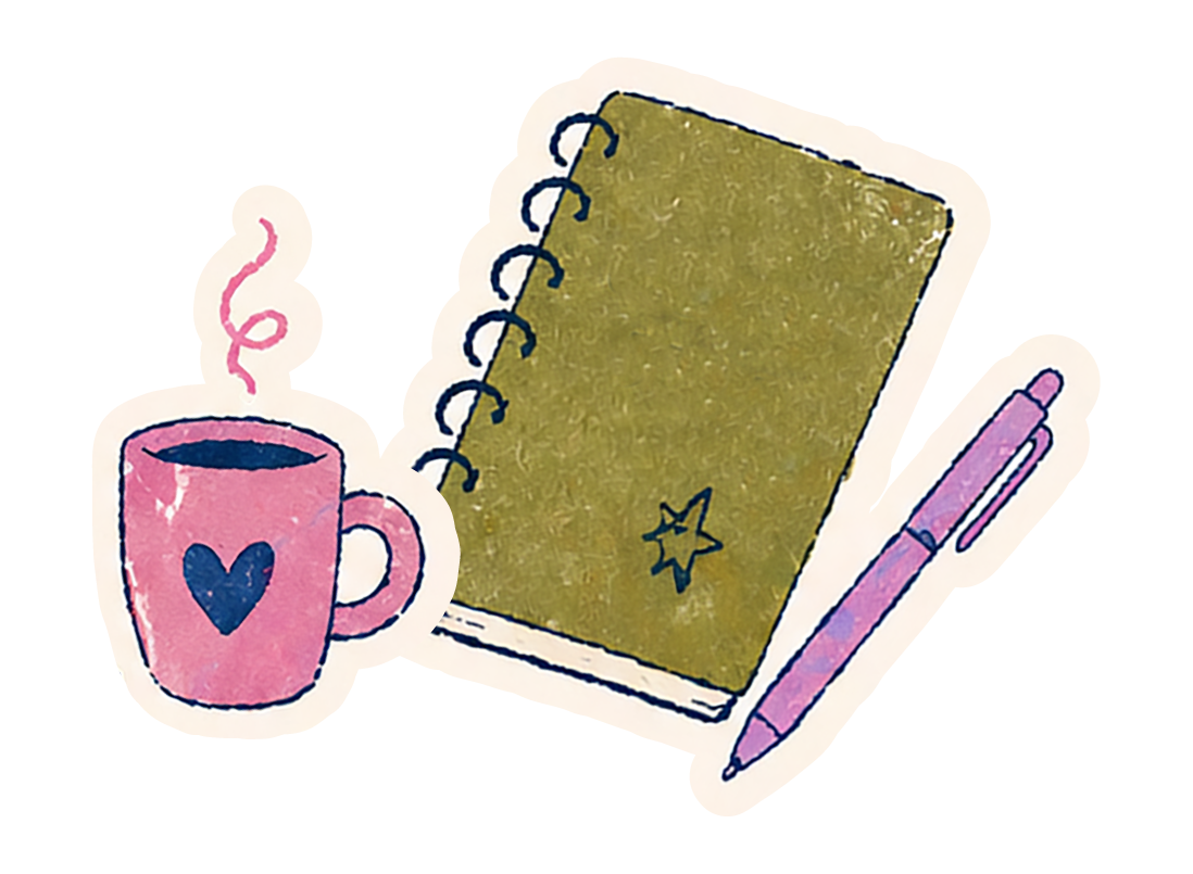 Illustration of a pink coffee mug with a blue heart, a green spiral notebook with a star on the cover, and a pink pen.