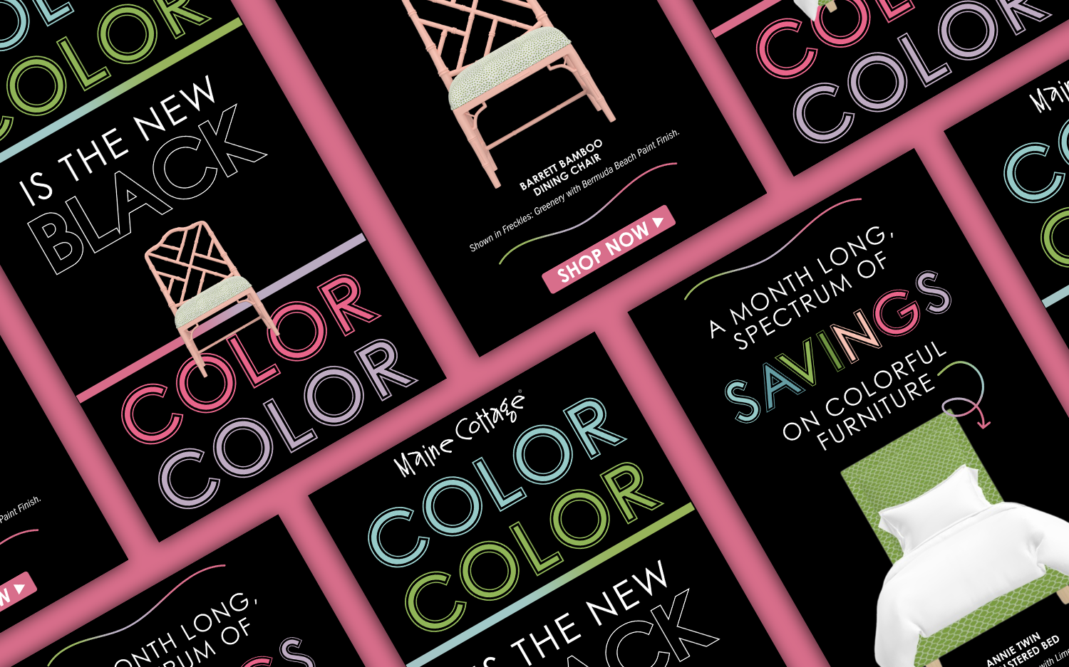 A collage of promotional posters featuring colorful furniture and home decor items with bold, neon-style text on a black background.