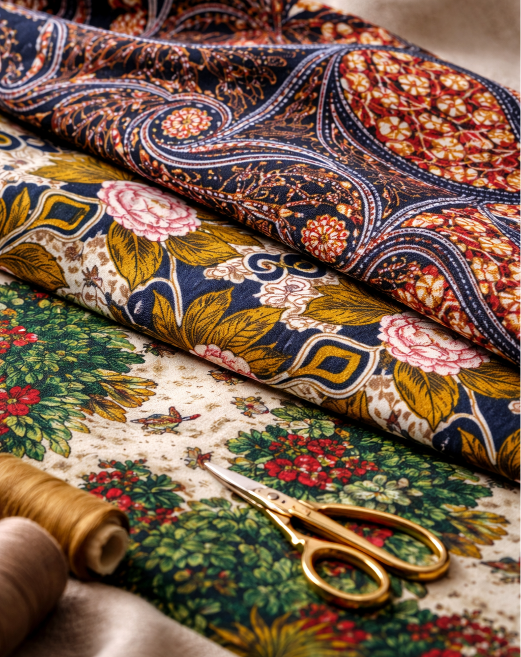 Beautiful fabrics with intricate patterns.