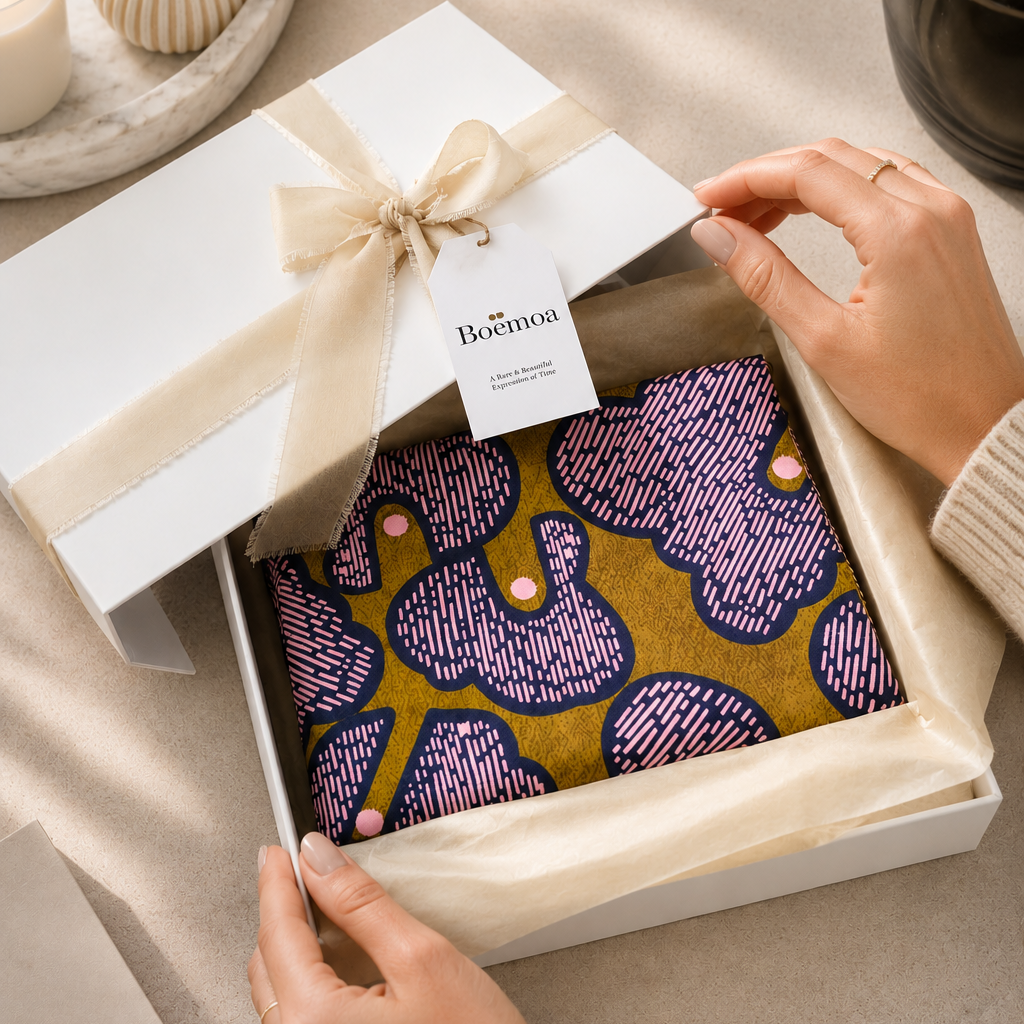 Person opening a gift box with a piece of colorful fabric with a floral pattern inside, and a tag on the box that reads 'Boëmoa'.