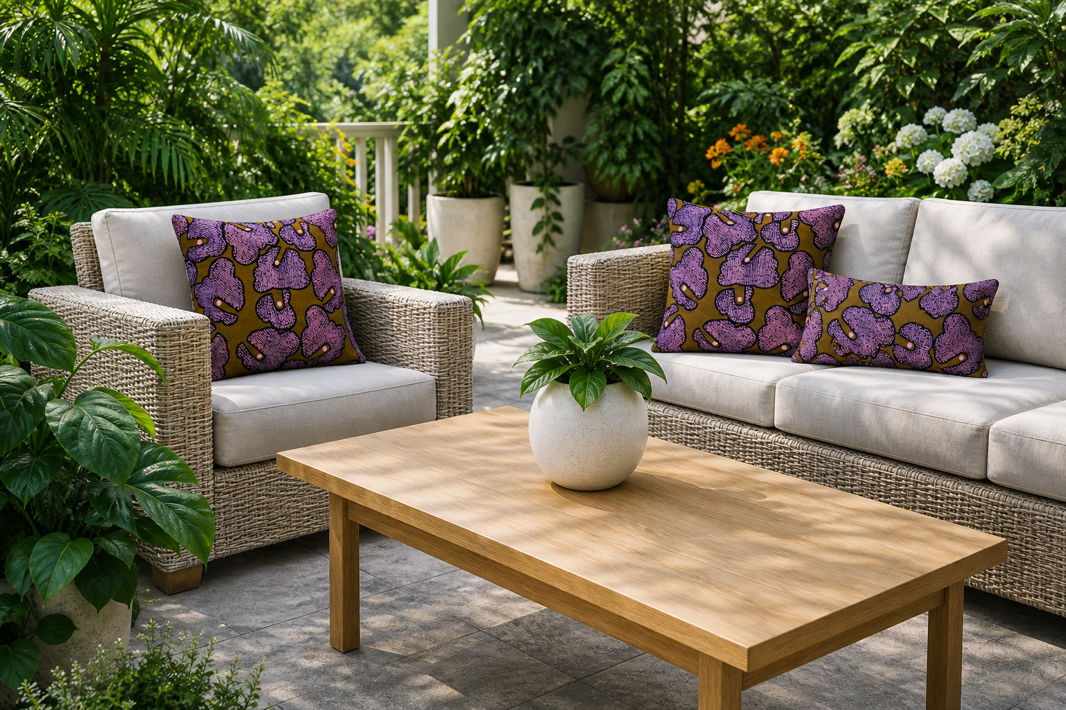Outdoor patio with wicker armchair and sofa with purple patterned pillows, wooden coffee table with a potted plant, surrounded by lush greenery and potted flowers in background.