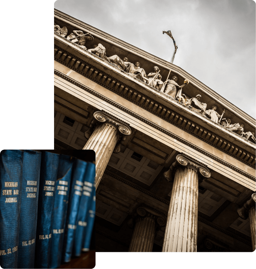 Photograph of a historic government building with classical architecture, including large columns and detailed sculptures along the facade. Inset of blue books titled 'Michigan State Bar Journal' on a bookshelf.