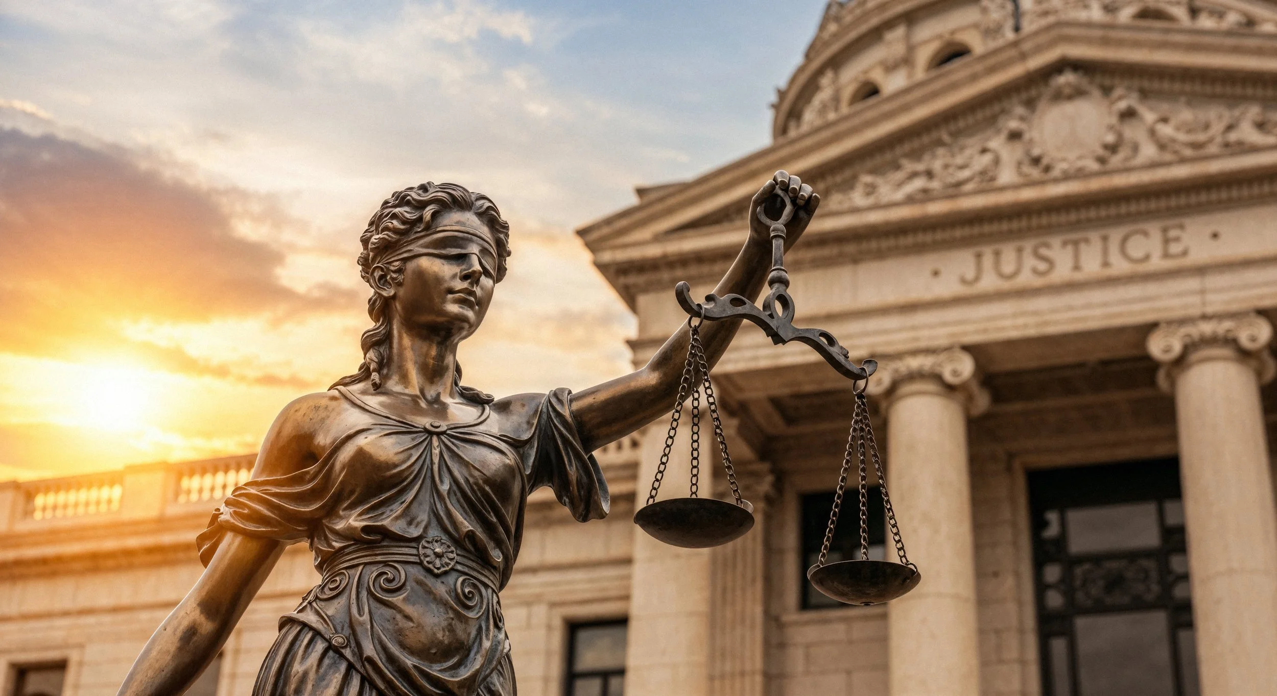 The bronze statue of Lady Justice holding scales stands in front of a courthouse at sunset.