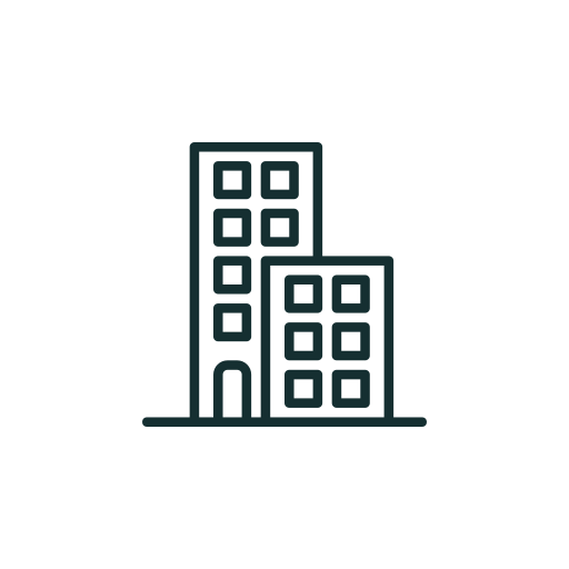 Icon of two buildings, one tall and one shorter, in a minimalist line art style.