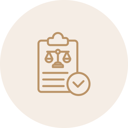 Icon of a clipboard with a balance scale, representing legal or justice legal document or process.