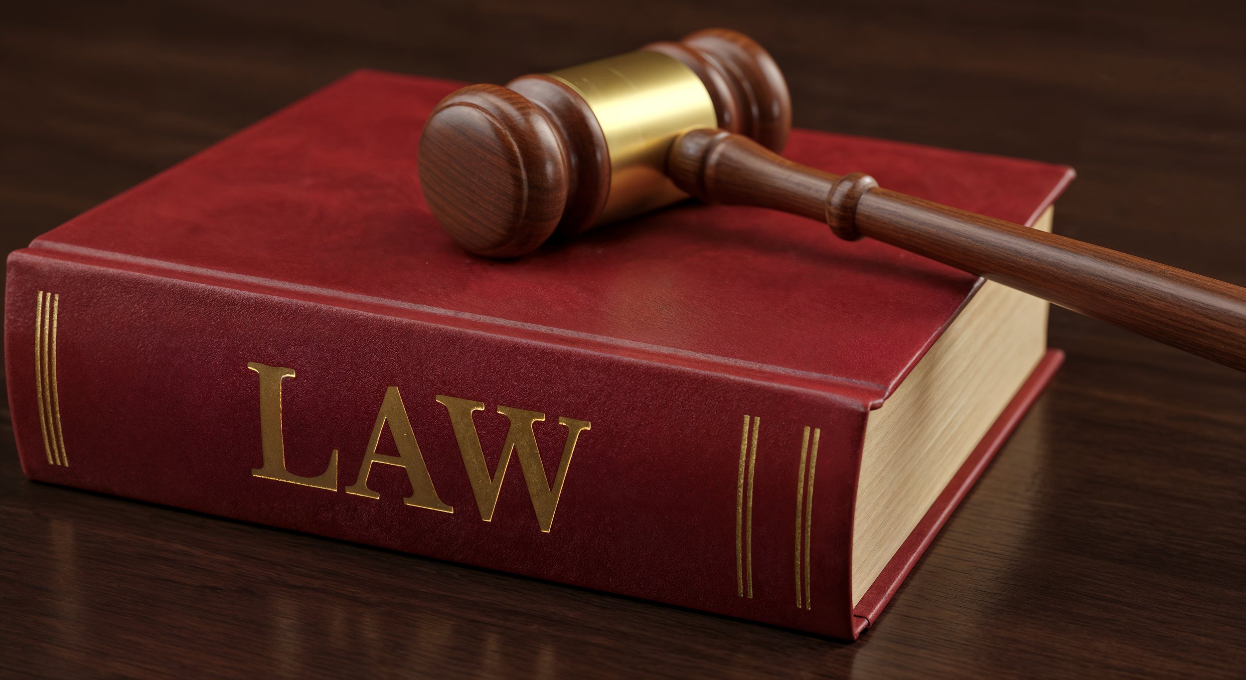 Gavel resting on a law book with a red cover and gold lettering, on a wooden surface.