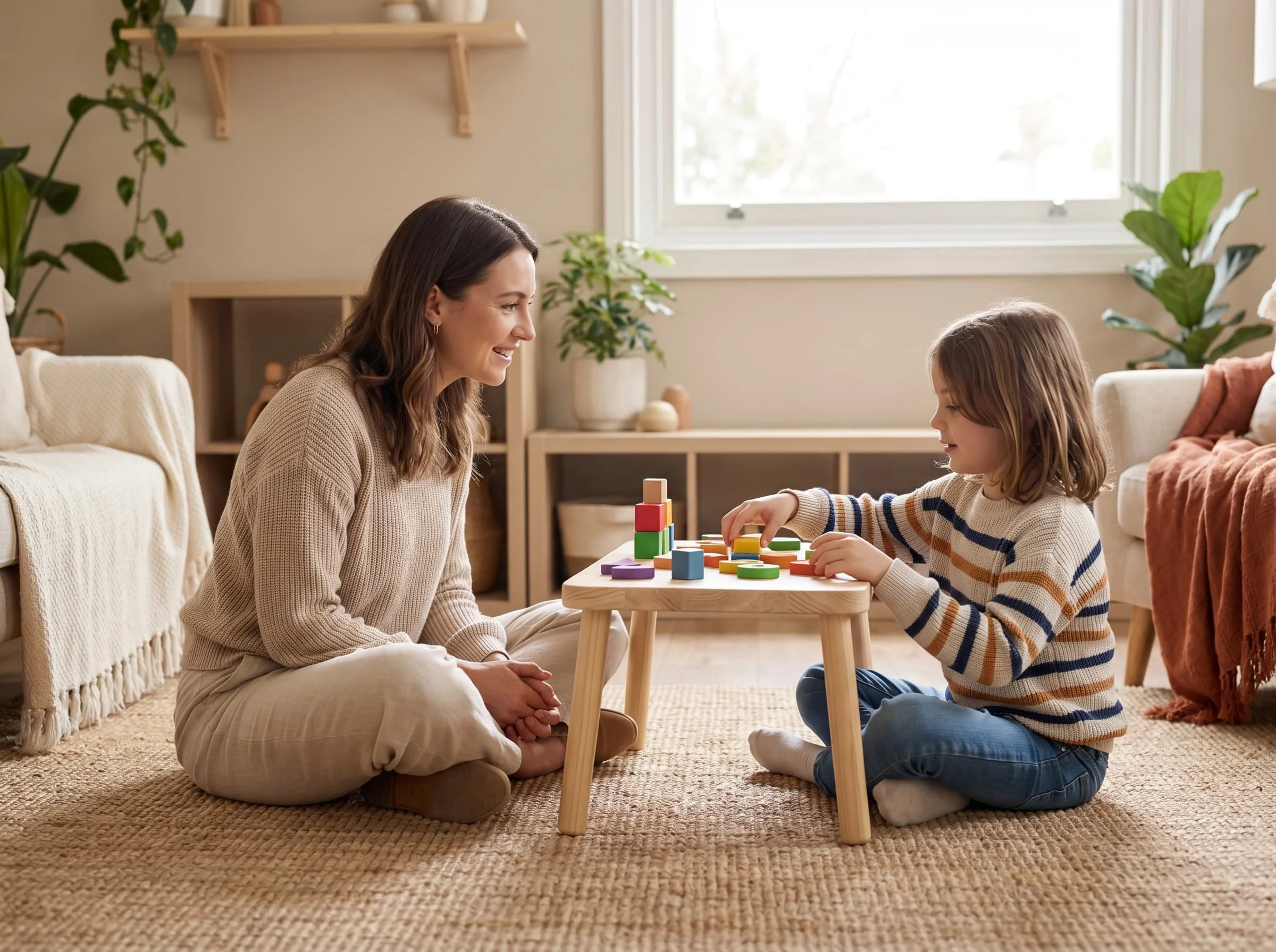 A woman and a young girl sitting on a rug in a comfortable space, playing with colourful blocks at a small wooden table, with plants and a window in the background.