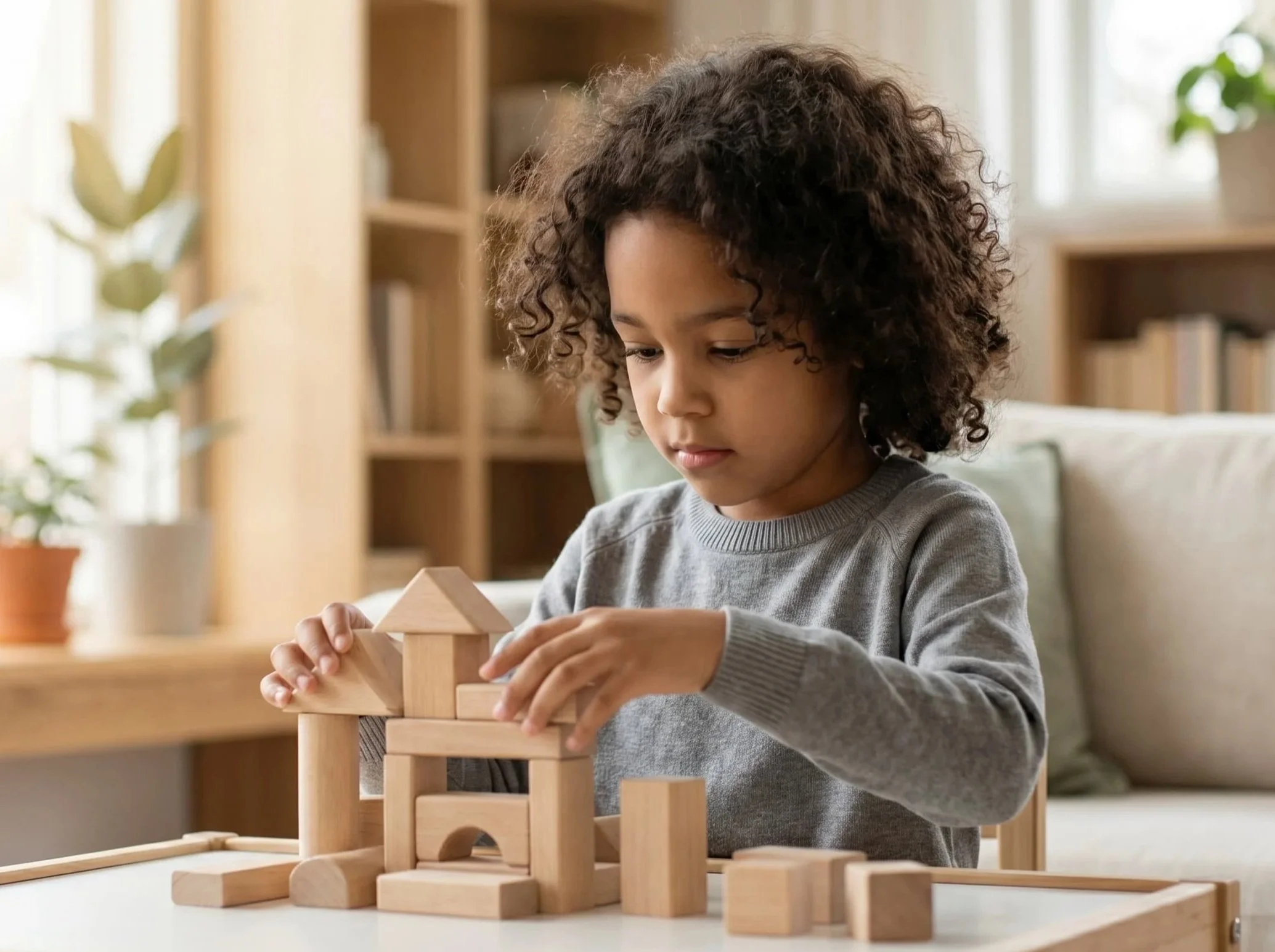 A child with curly hair building a house made of wooden blocks at a table indoors.