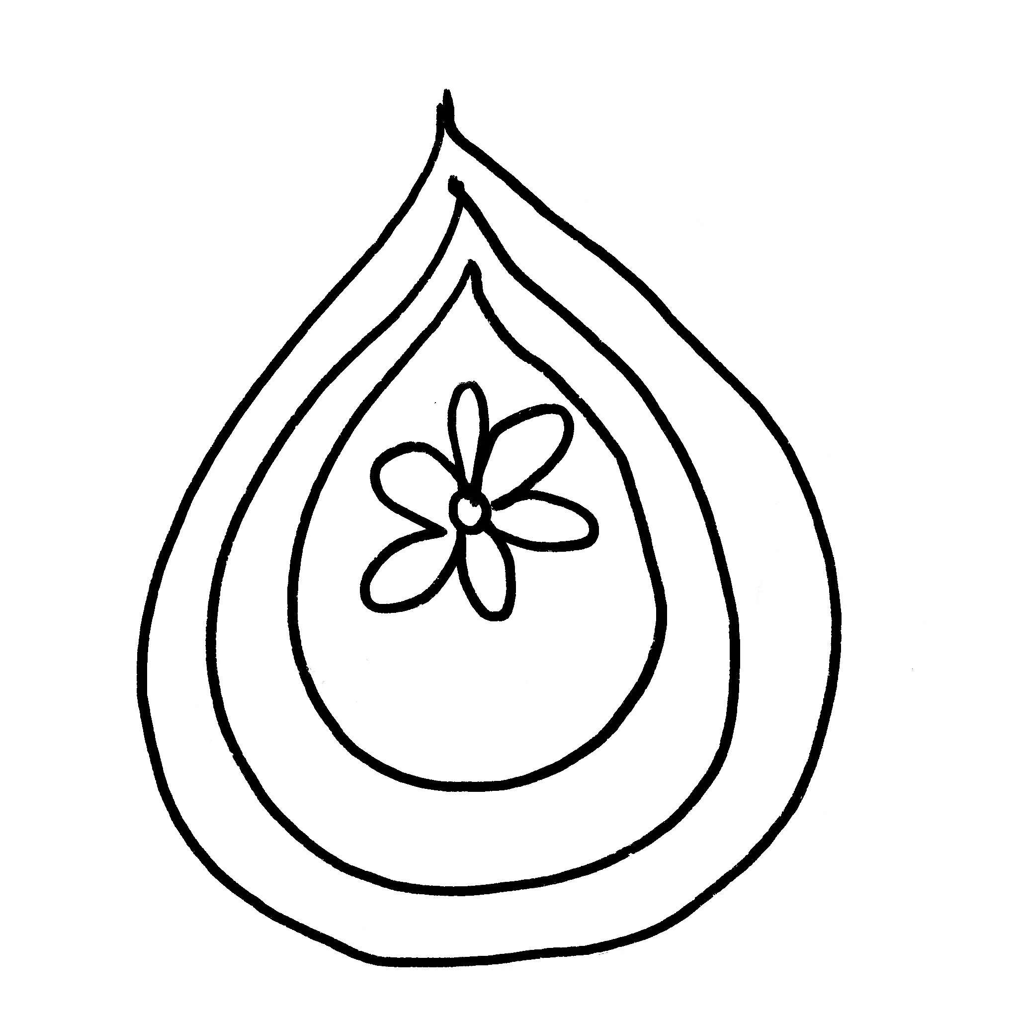 Geometric drawing of an outline square with sections divided by vertical, horizontal, and circle lines.