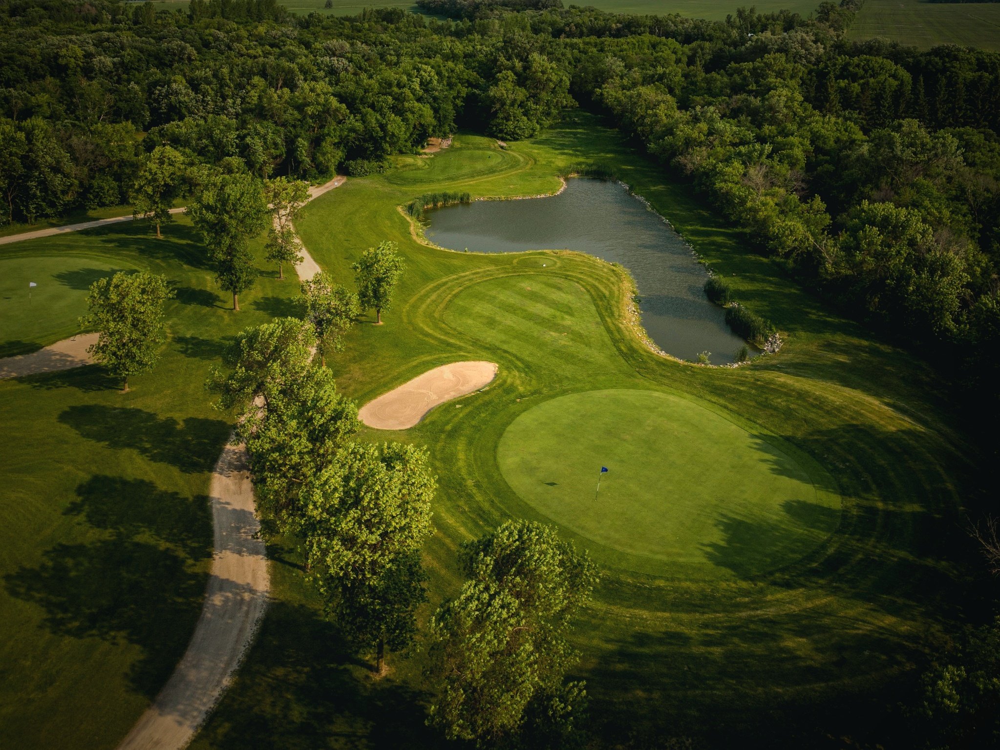 Lorette Golf Course drone image of signature hole 7