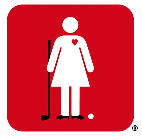 A graphic symbol of a woman with a heart on her chest, holding a hockey stick, standing on ice next to a puck, on a red background.