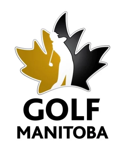 Logo with a golfer silhouette over a stylized maple leaf, with the text 'GOLF MANITOBA' below.