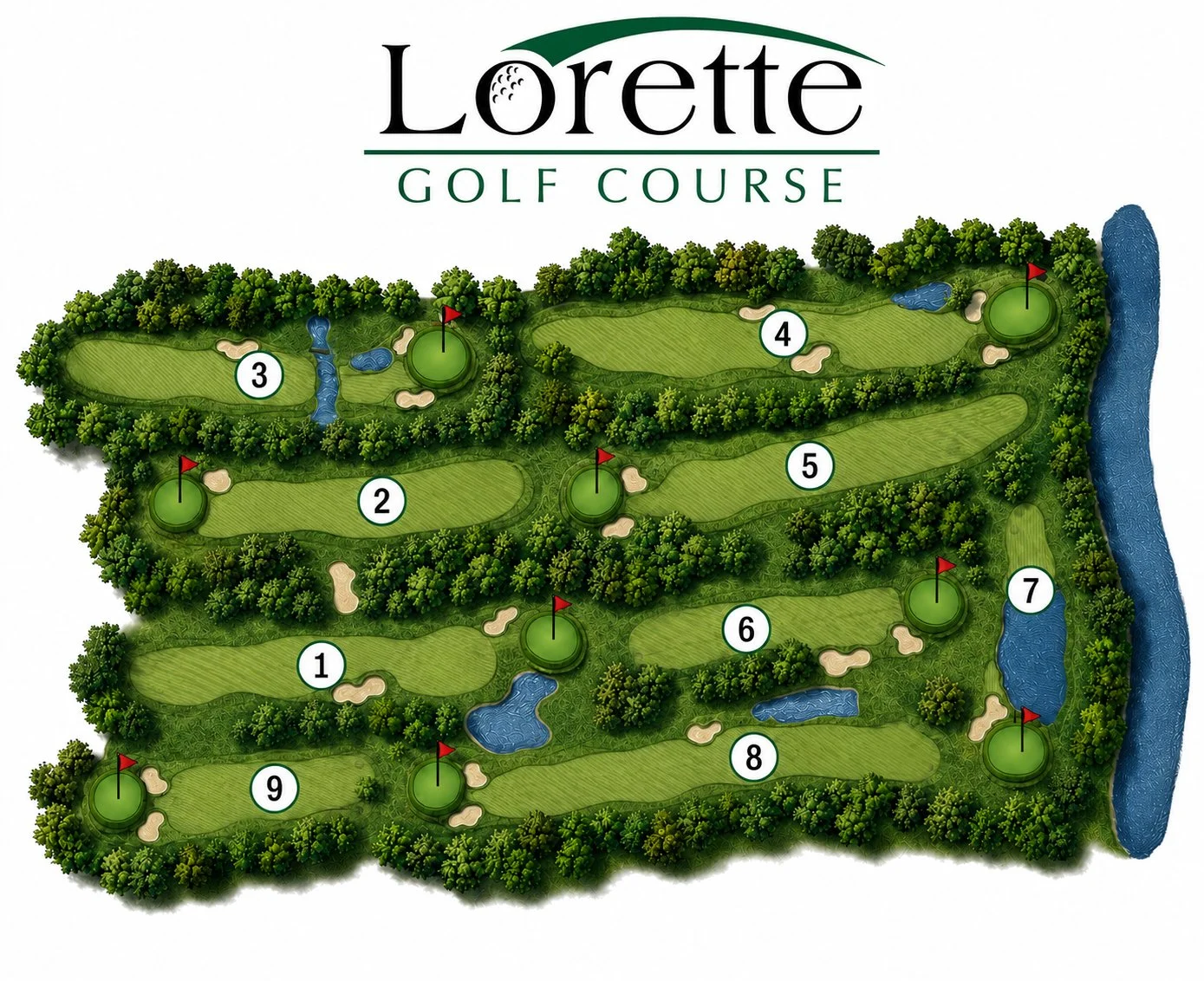 Map of Lorette Golf Course with 9 holes, water hazards, sand traps, and surrounding trees.