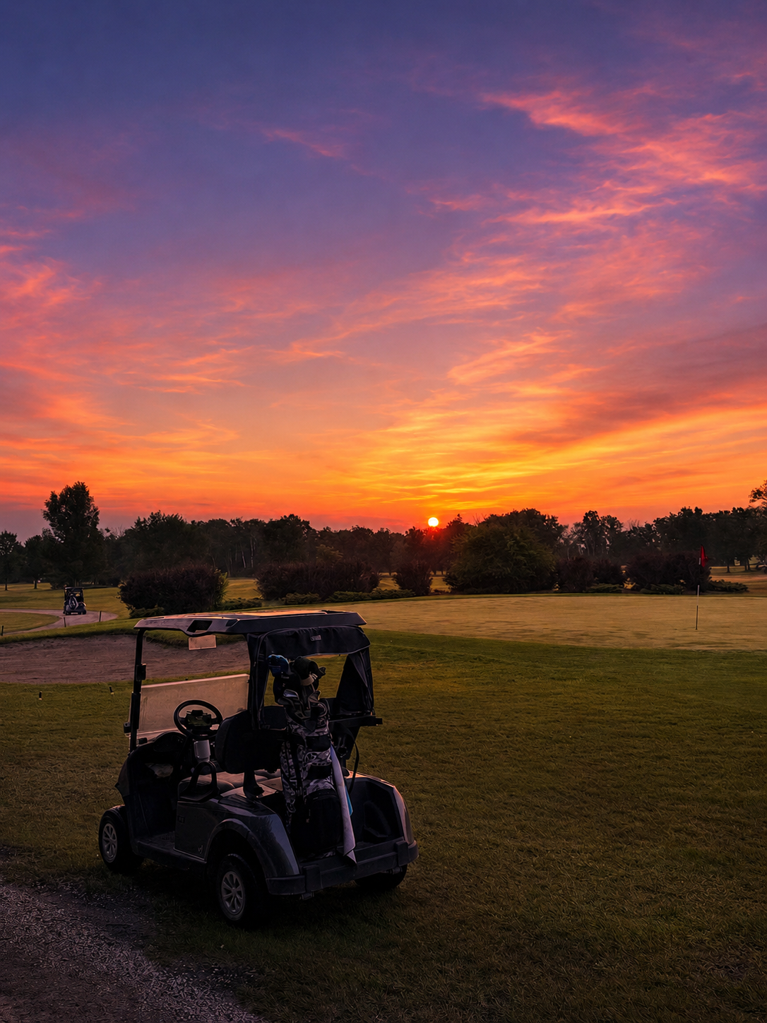 A golf course at sunset with a golf cart on the grass in the foreground and a vibrant sky with pink, purple, and orange hues.