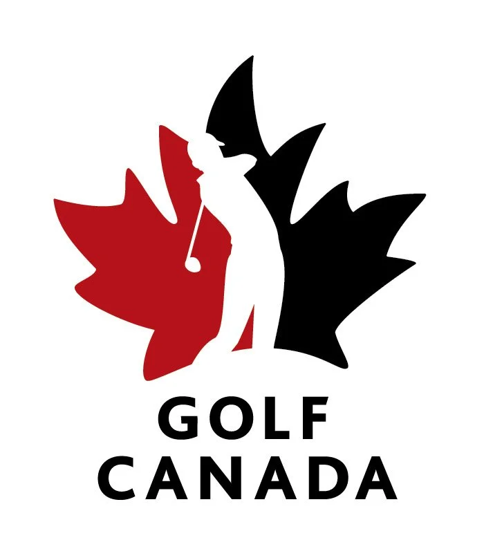 Silhouette of a female golfer holding a golf club, standing in front of a stylized Canadian maple leaf in red and black, with the text 'GOLF CANADA' beneath.