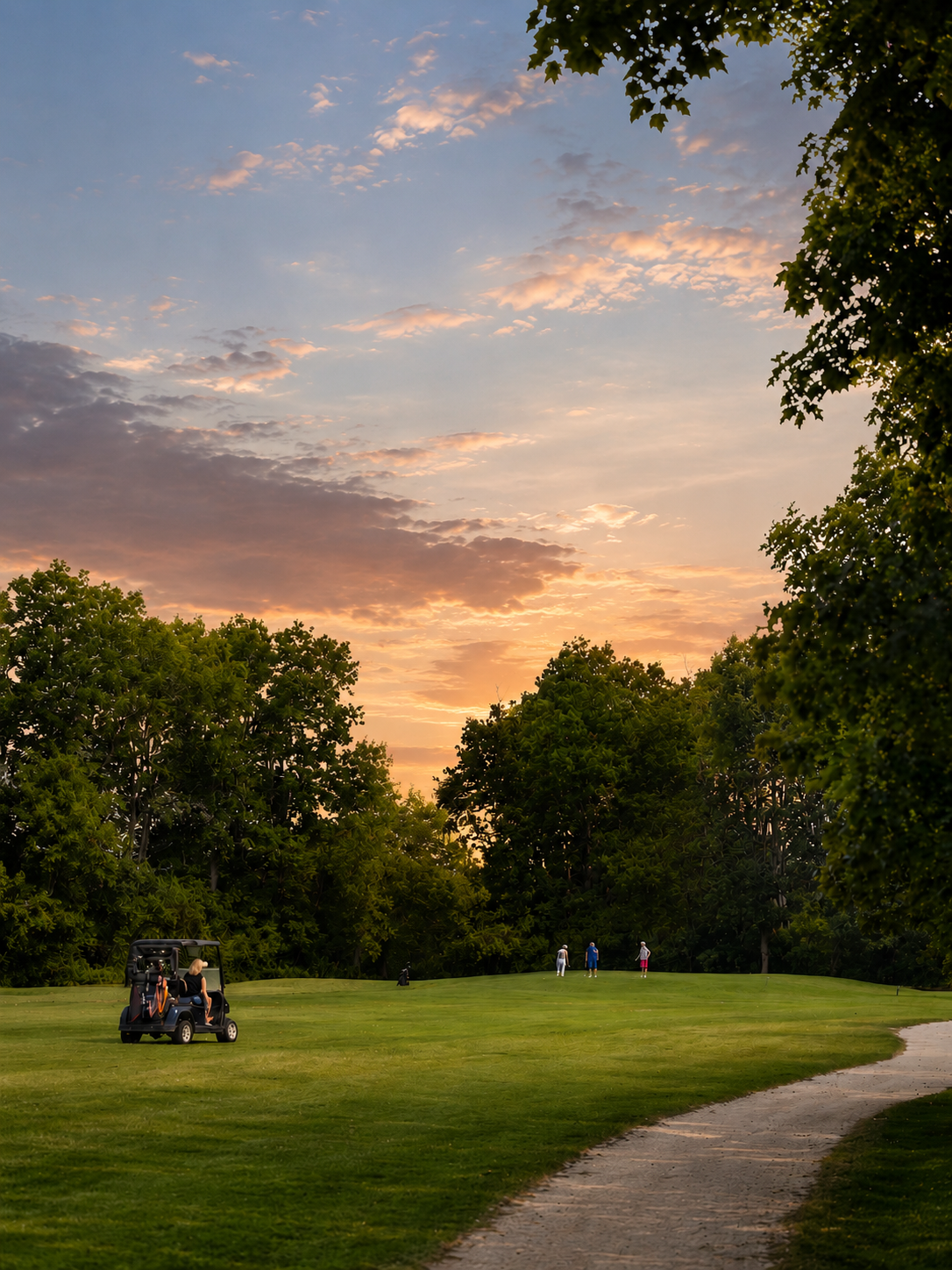 A golf course at sunset with five people playing, a golf cart parked on the grass, and trees surrounding the green.