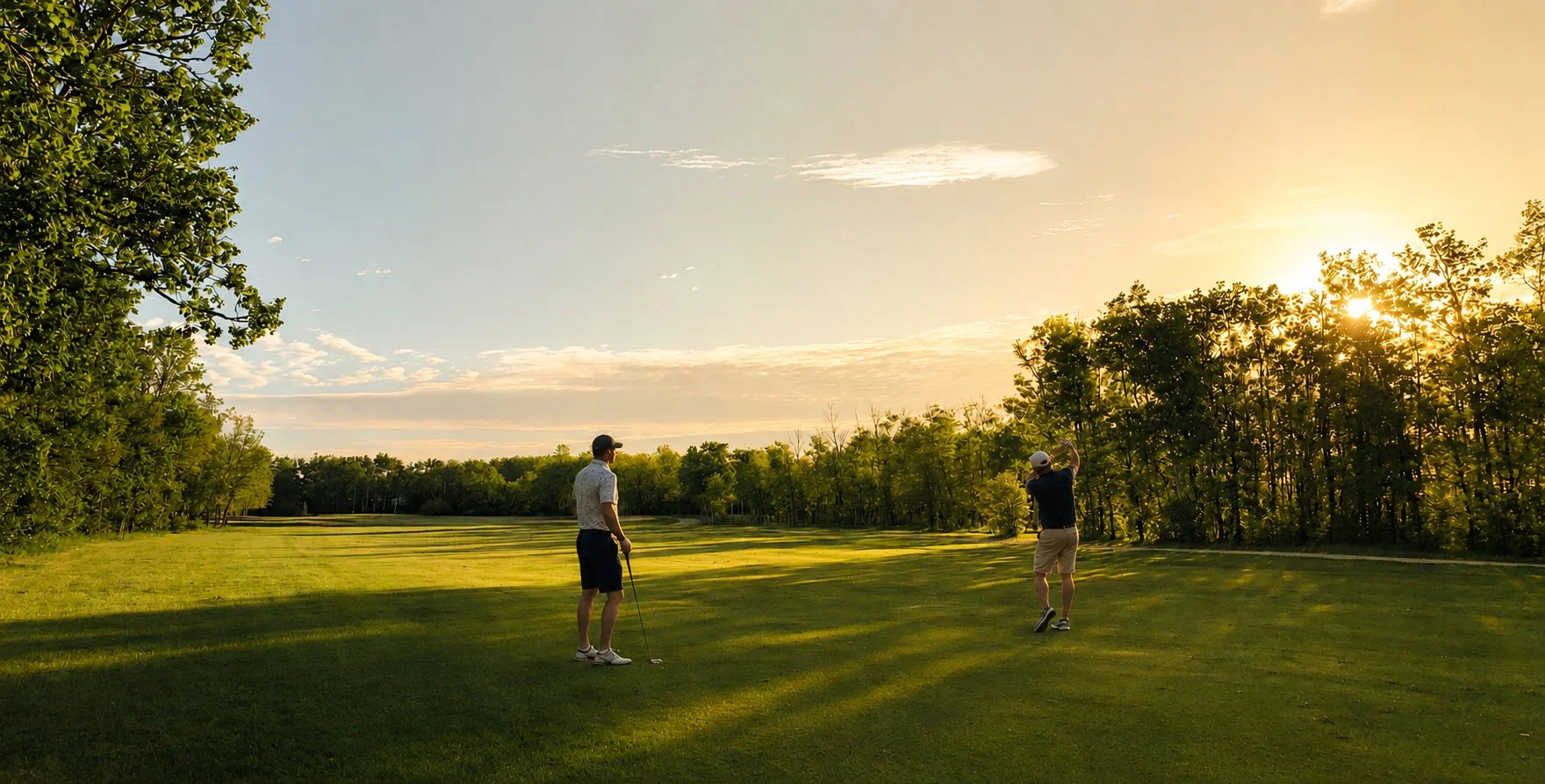 Two men are playing golf on a lush green golf course during sunset, with trees and a partly cloudy sky in the background.