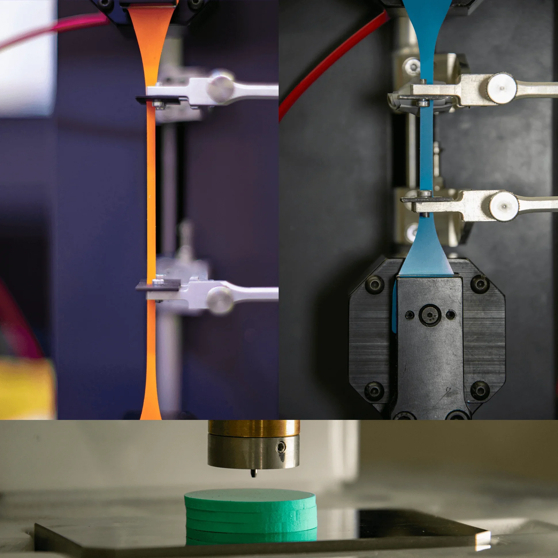 Close-up view of a mechanical press with a tool pressing down on green rubber pads on a metallic surface, with the focus on the pressing mechanism.
