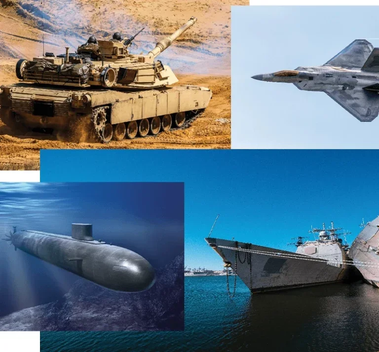 Collection of military vehicles and vessels including a tan tank on land, a fighter jet in the sky, a submarine underwater, and a naval ship docked at a port.