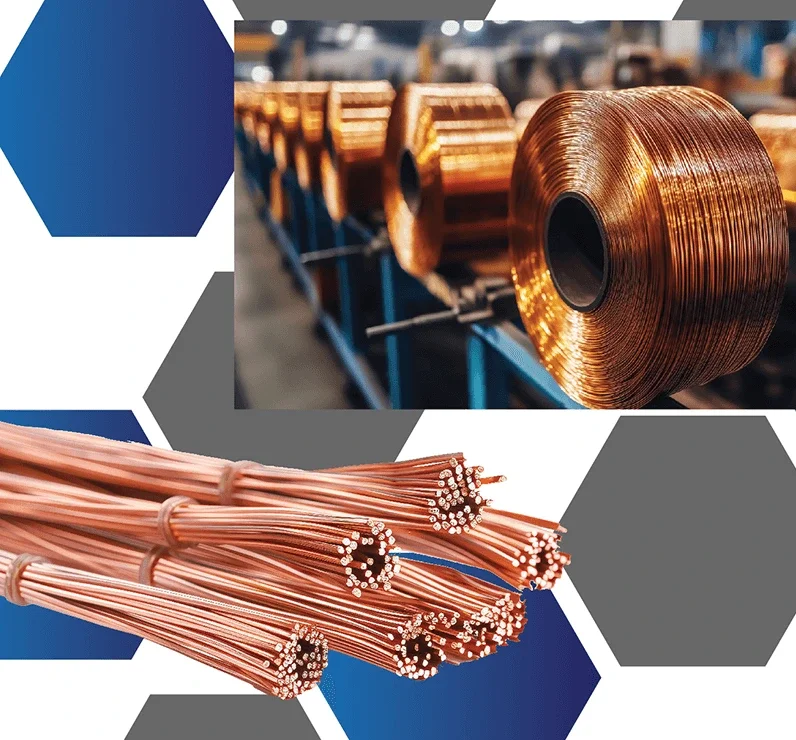Copper coils on a manufacturing line and bundles of copper wires.