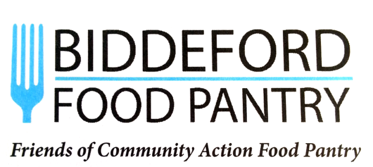 Logo for Biddeford Food Pantry with a blue fork graphic and text indicating it is a community food pantry.